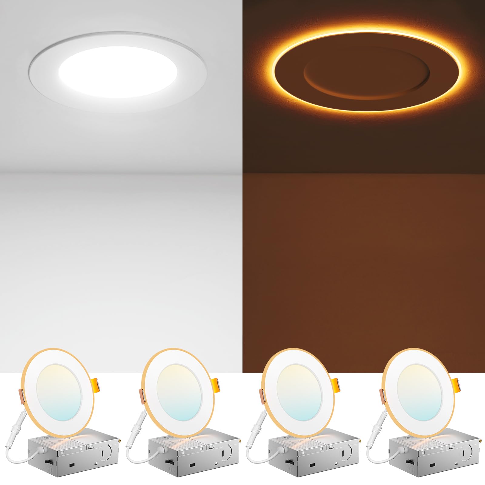 Amico 16 Pack 4 Inch 5CCT LED Recessed Ceiling Light with Night Light, 2700K/3000K/3500K/4000K/5000K Selectable Ultra-Thin Reces