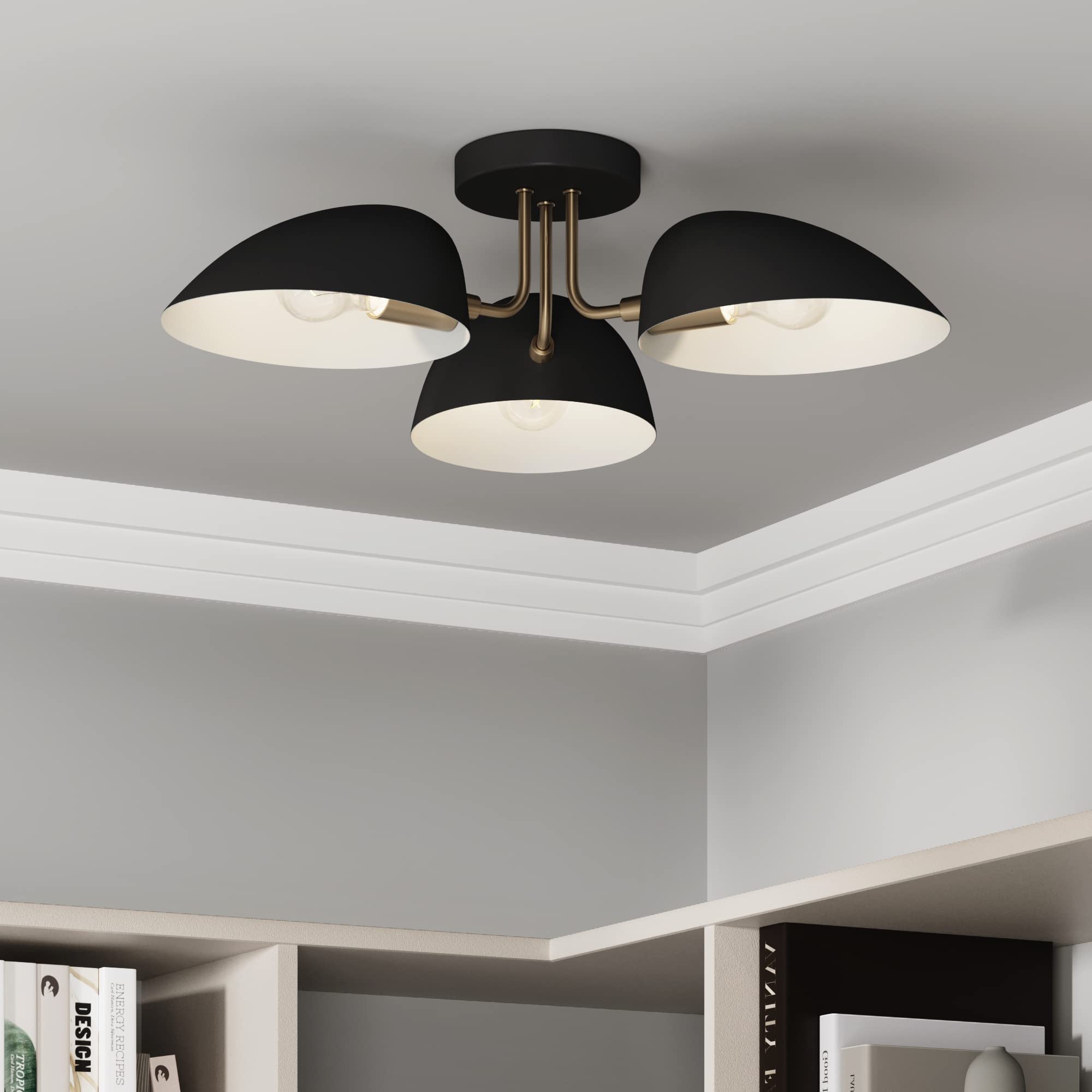 Nathan James Argo 3-Light Flush Ceiling Light, Modern Retro Brass Gold/Black For Hallway & Dining Room