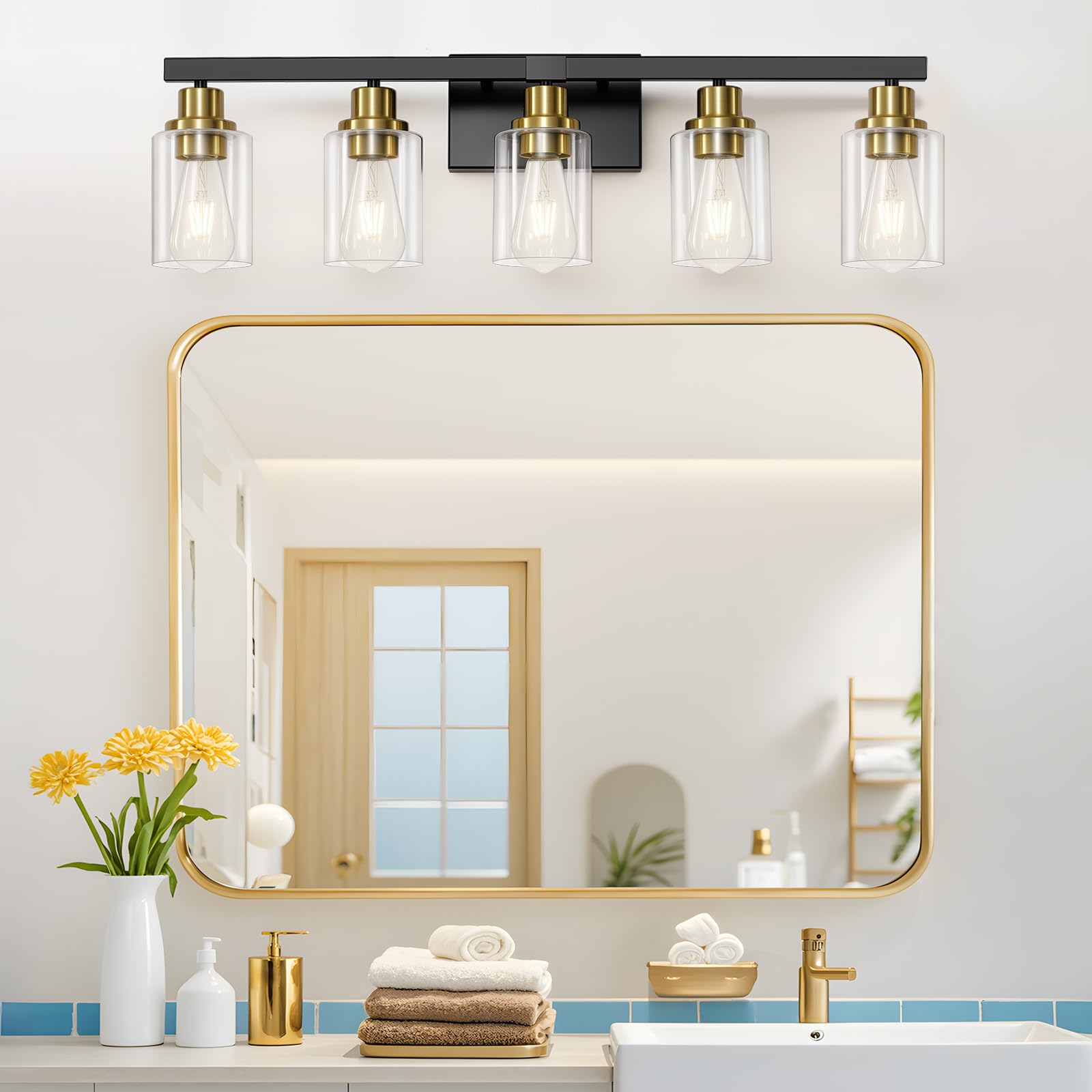DIKAIDA 5-Light Black & Gold Bathroom Vanity Light Fixture, Modern Metal Design with Clear Glass Shade, Model BLBD-G-5, 30" Wide