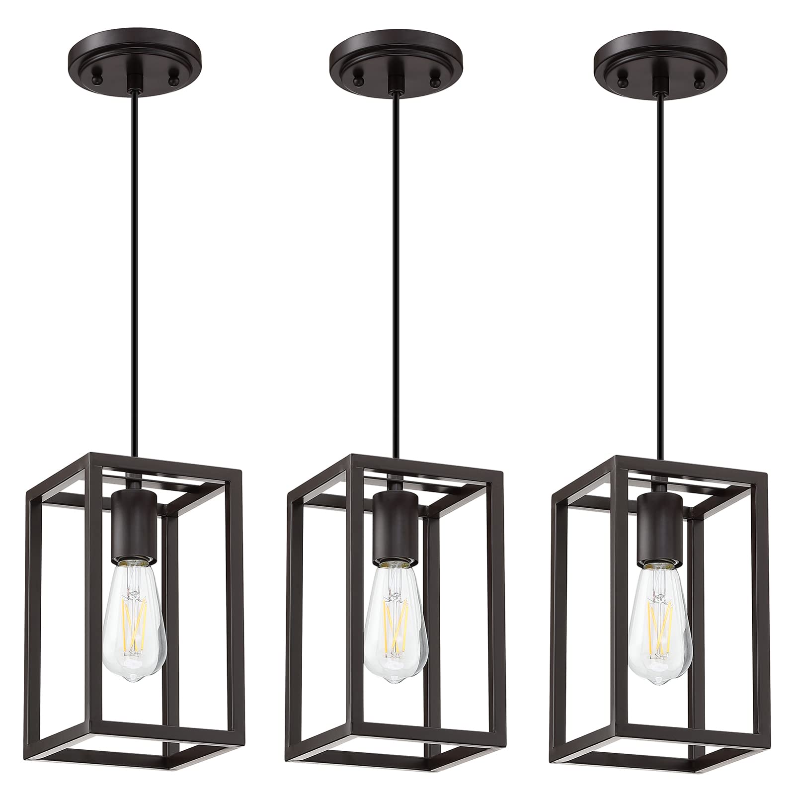 Dolaimy House 3 Pack Rustic Farmhouse Pendant Light, Metal Cage, Oil-Rubbed Bronze Finish, Model 3142CD102