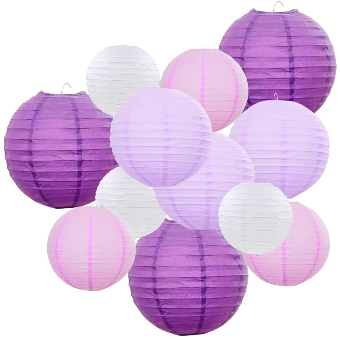 Famolay Purple Paper Lanterns 12 Pcs Assorted Size of 6'' 8'' 10'' 12'' Chinese Round Paper Hanging Decorations Ball Lanterns La