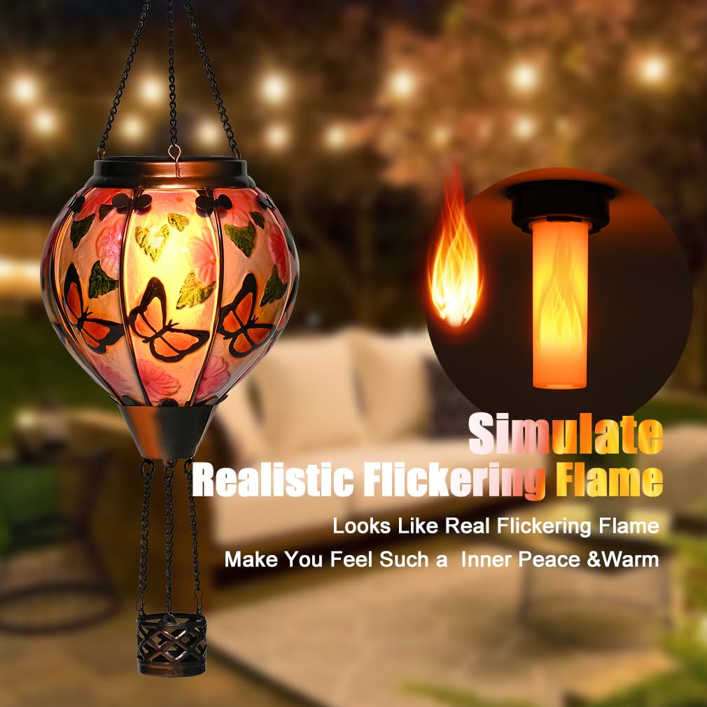 Hot Air Balloon Solar Lantern - Butterfly Stained Glass Lantern  Simulated Flickering & Dancing Flame  Outdoor Hanging Yard Light Waterproof Ip65 For Patio Lawn Porch Decor Gift