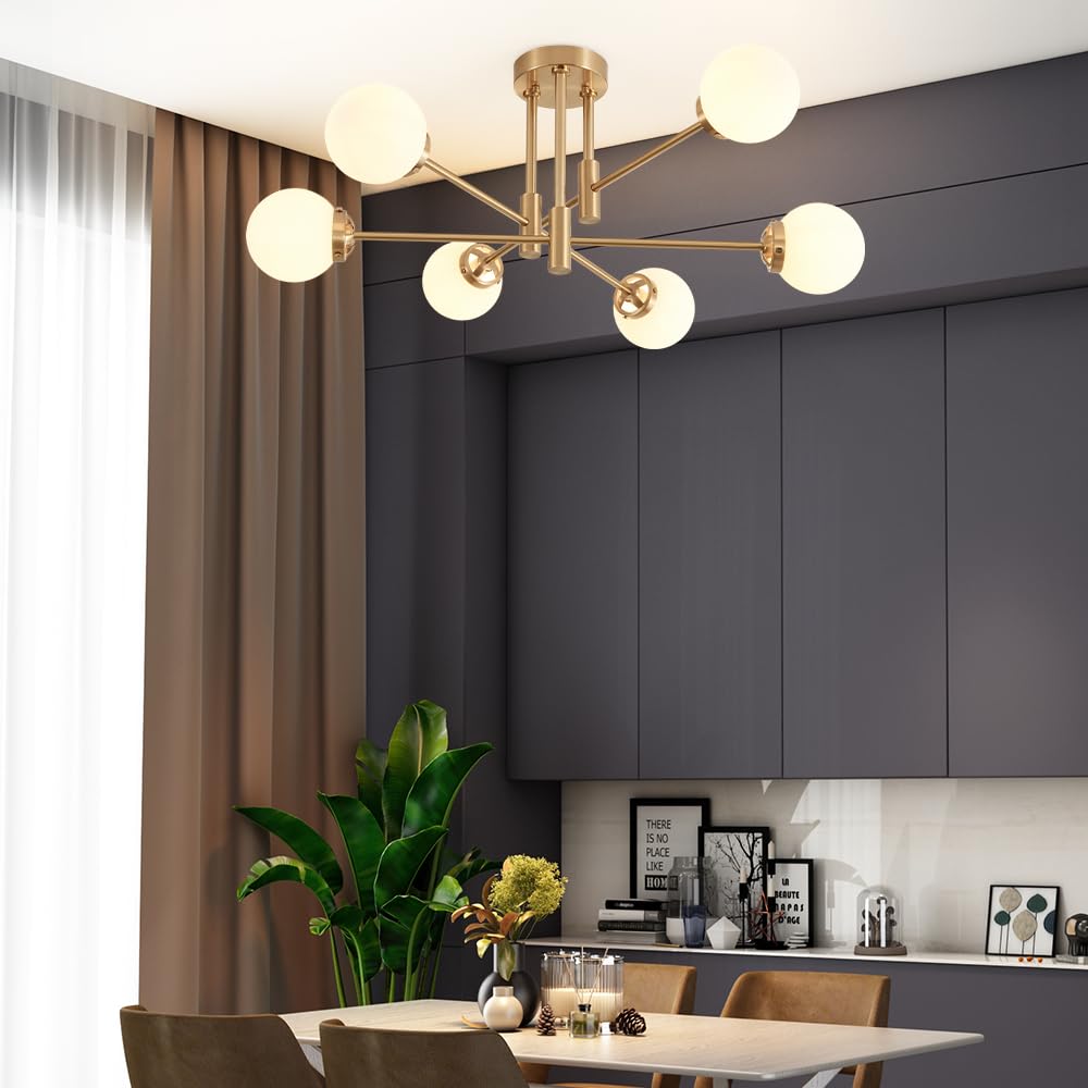 Biewalk Gold Sputnik Chandelier, 6-Light Modern Globe Fixture, Glass & Metal, Mid Century Style for Living & Dining Rooms