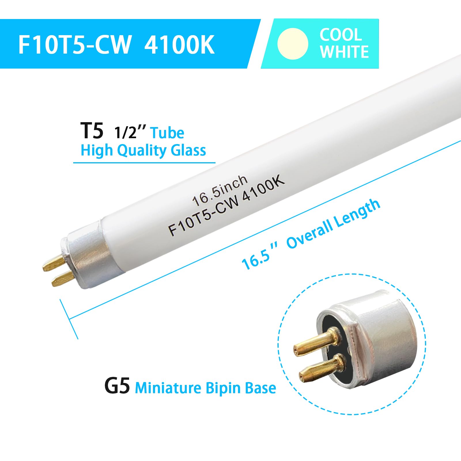 F10T5-Cw 16'' 4100K Fluorescent Linear Light Bulb,T5 10W Cool White Bulbs Replacement For Jasco,Philips,G5 Miniature Bipin Base(