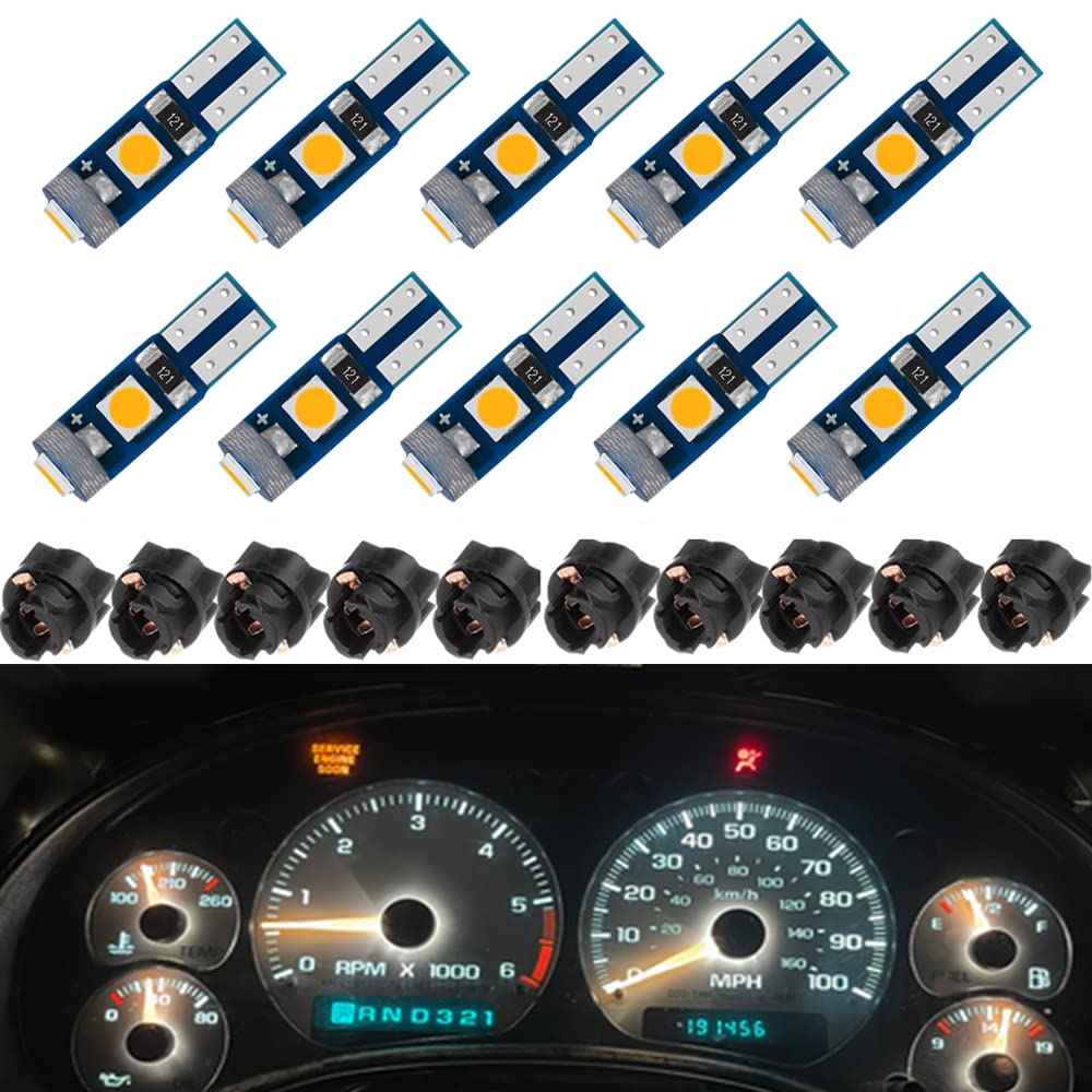 Blyilyb 10-Pack Amber T5 2721 37 74 Wedge Led Bulb Pc74 Twist Sockets Replacement Dash Dashboard Lights Instrument Panel Cluster