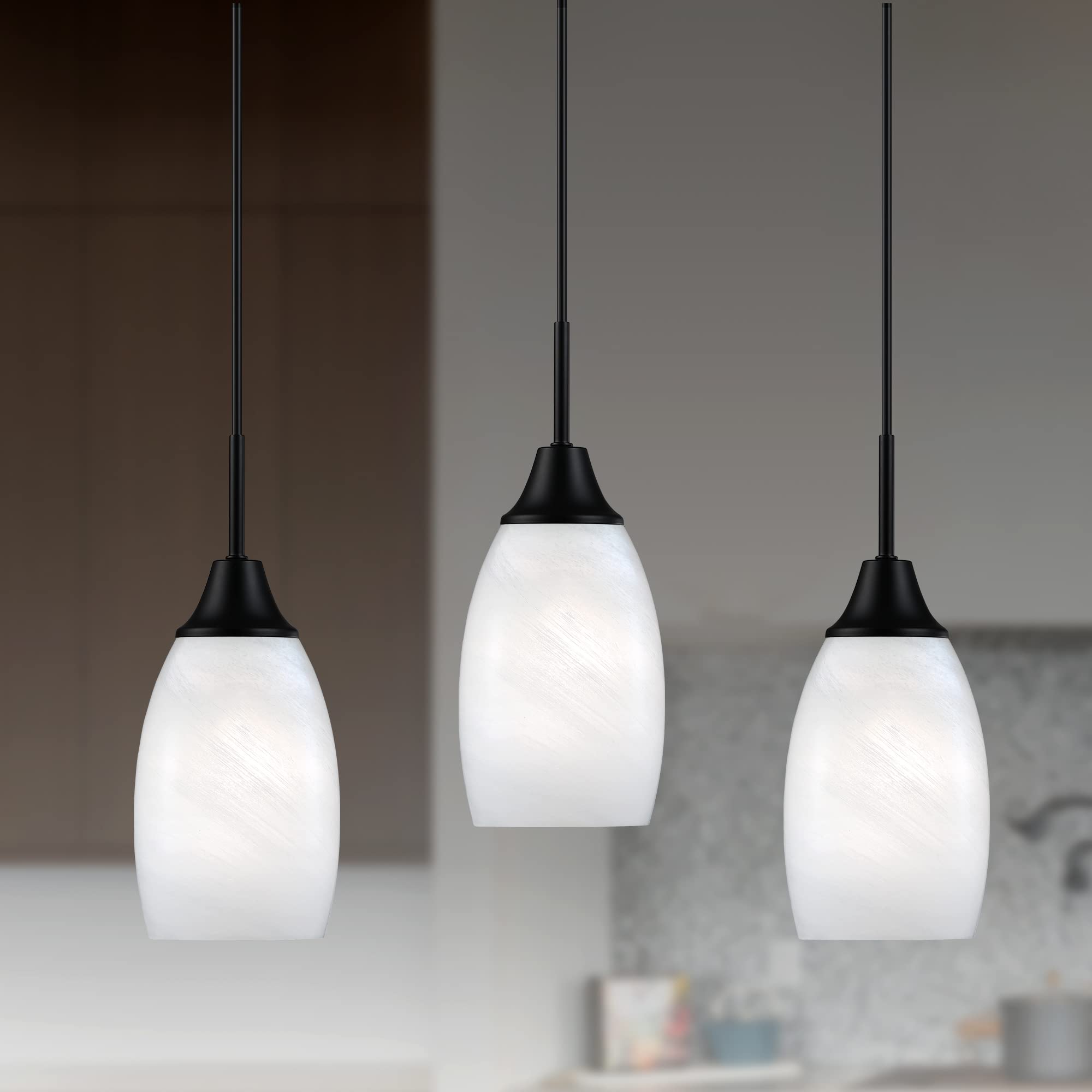 Viinew 3-Pack Mini Glass Pendant Lights, Handblown Black White Oval For Kitchen & Dining