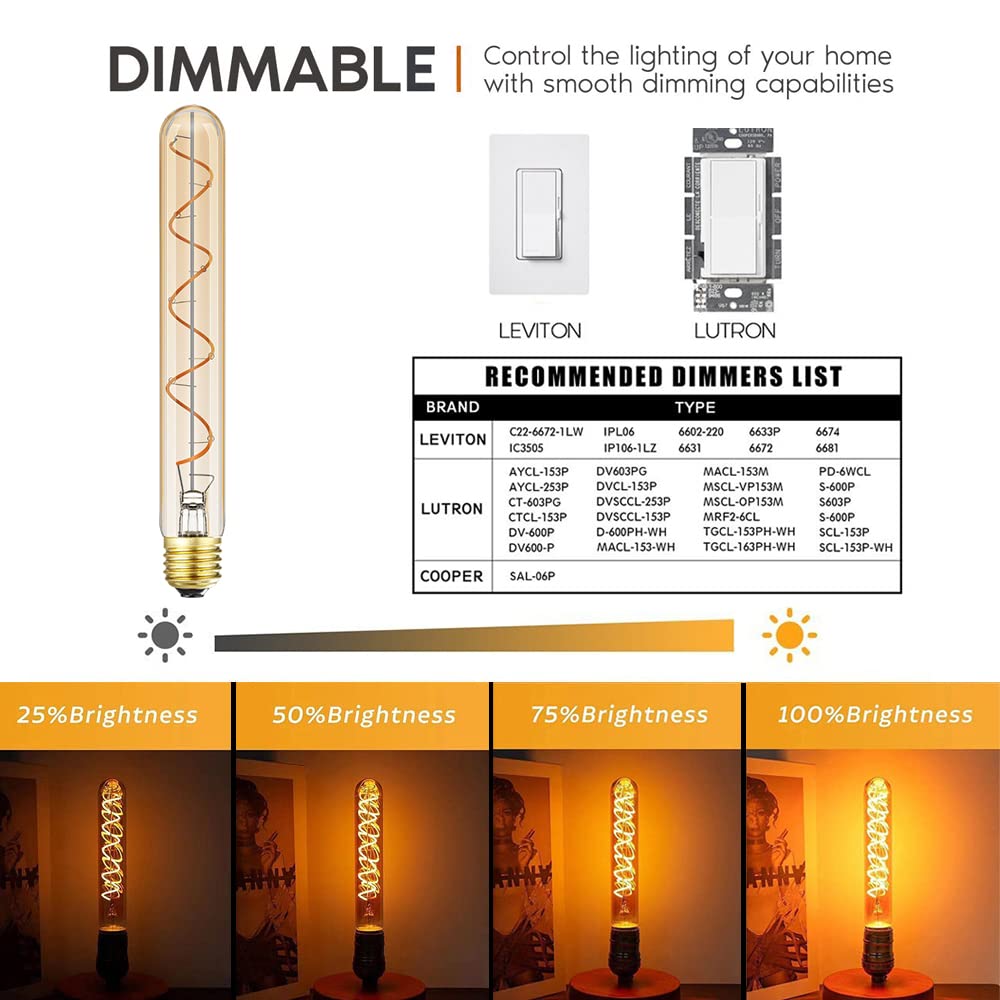 Leools Vintage LED Spiral Filament Bulb T10, Dimmable, E26 Base, Amber Glass, 4 Count, Warm White 2200K, 400LM