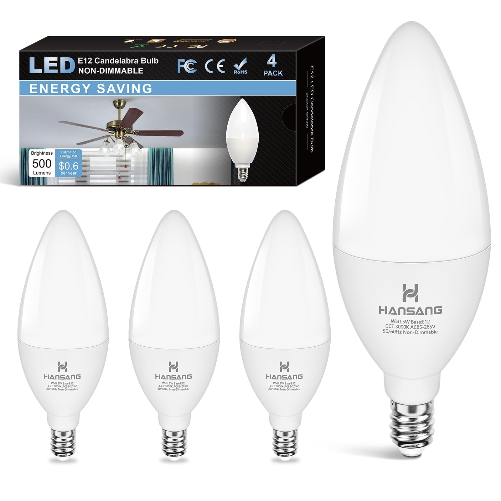 Hansang E12 Led Candelabra Bulbs 3000K Soft White, 60Watt Equivalent, Type B Bulb For Chandelier, B11 Led Bulb, 5W Fan Light Bul