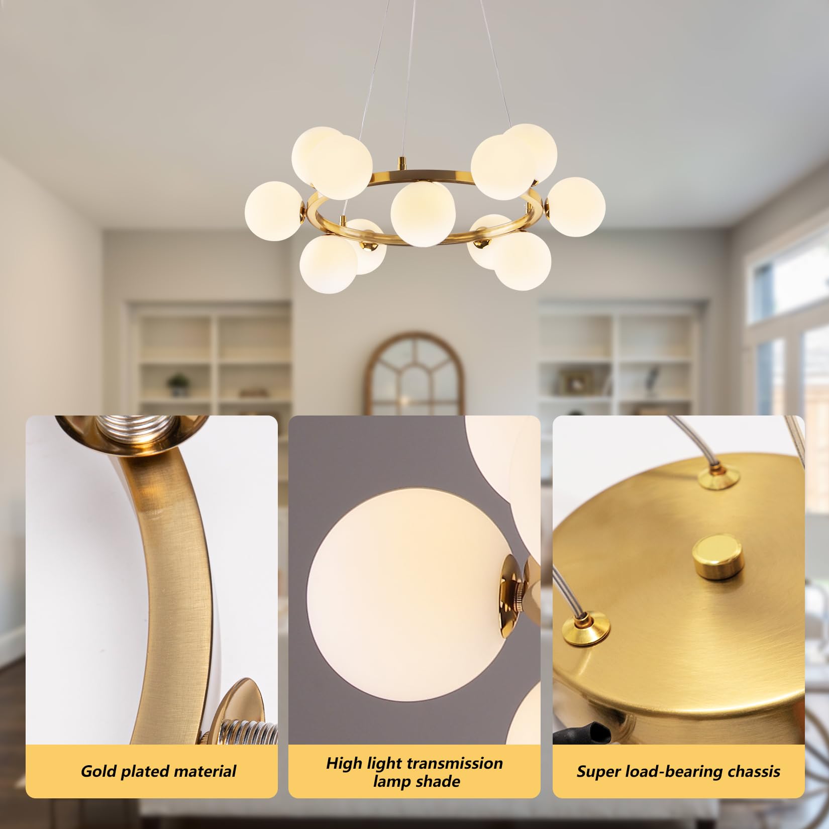 Modern Globe Chandelier, 12 Lights Gold Bubble Chandeliers 23.6'' Mid Century White Glass Globe Pendant Lighting For Kitchen Isl