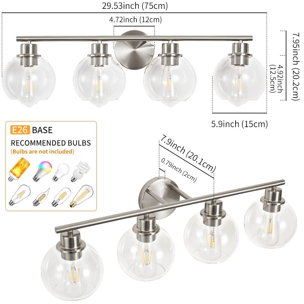 Lanmate Bathroom Vanity Light Fixture, 4-Lights, Clear Glass Shade, 29.5 inch, Modern, Brushed Nickel, Model 4L-CG-BN-29.5