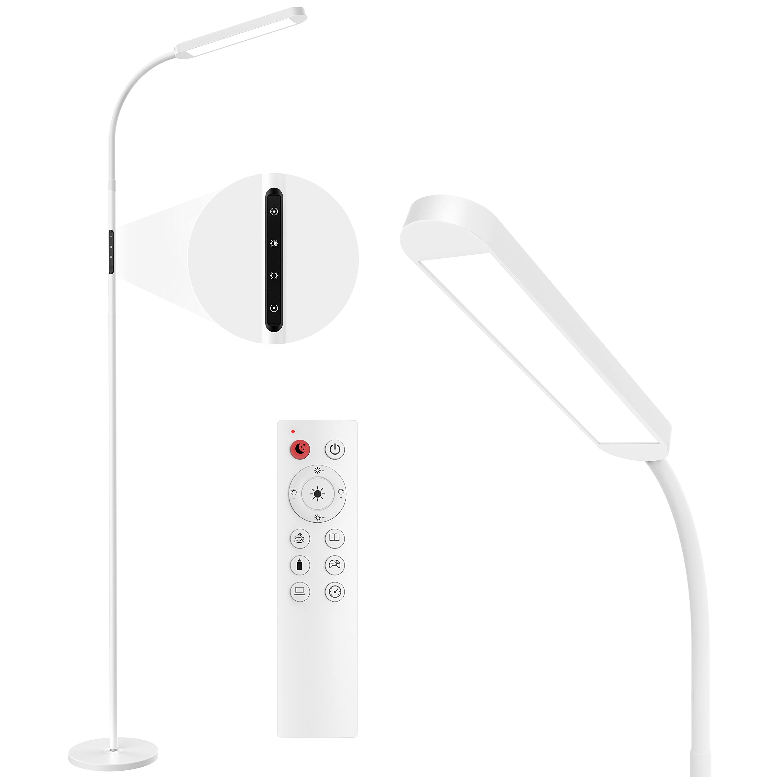 MediAcous LED Floor Lamp with Remote, 5 Colors & Brightness, Gooseneck, White, Model ME-FL01