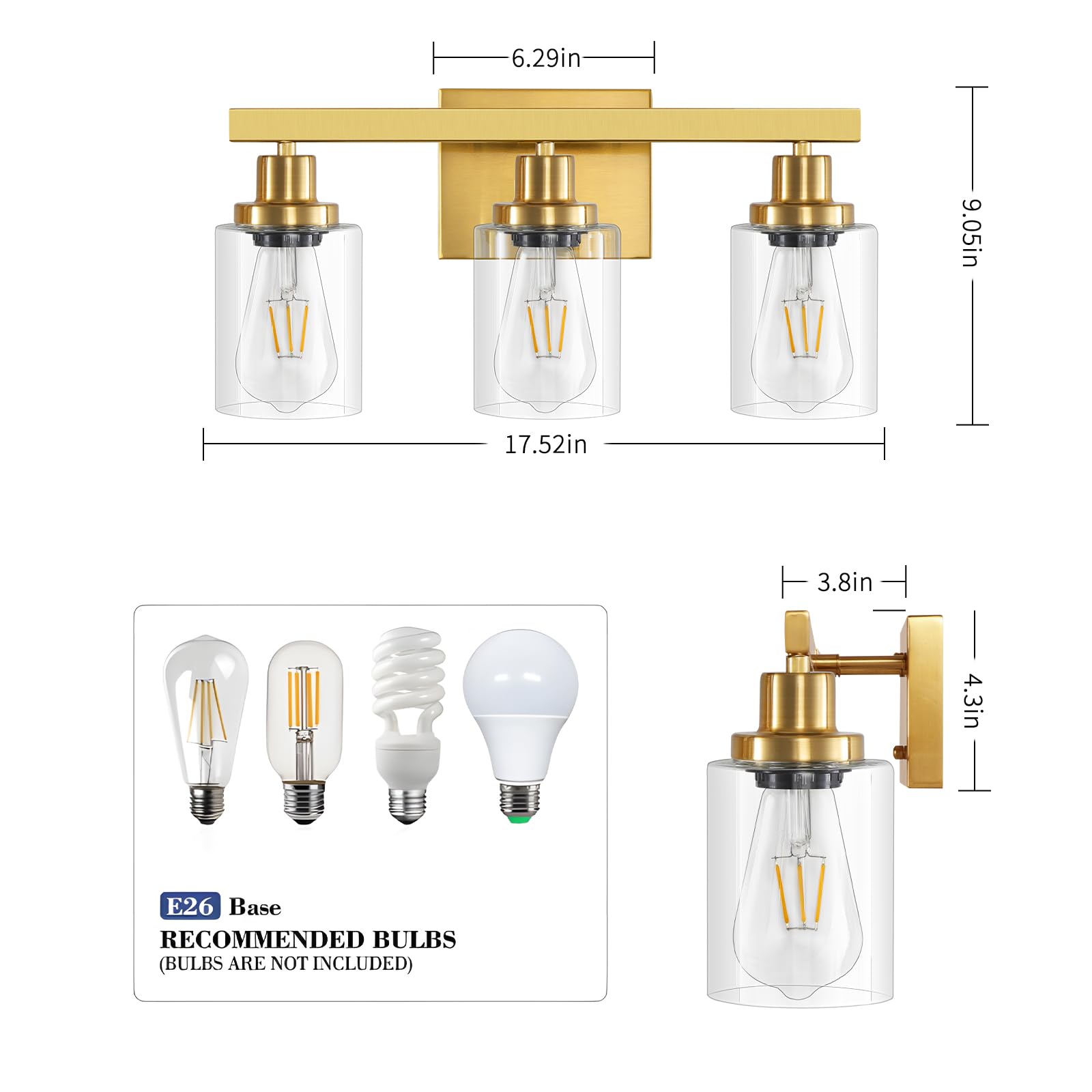 Dikaida 3 Light Gold Bathroom Light Fixtures, Bathroom Vanity Light Over Mirror, Gold Wall Sconce Vanity Lighting With Clear Gla
