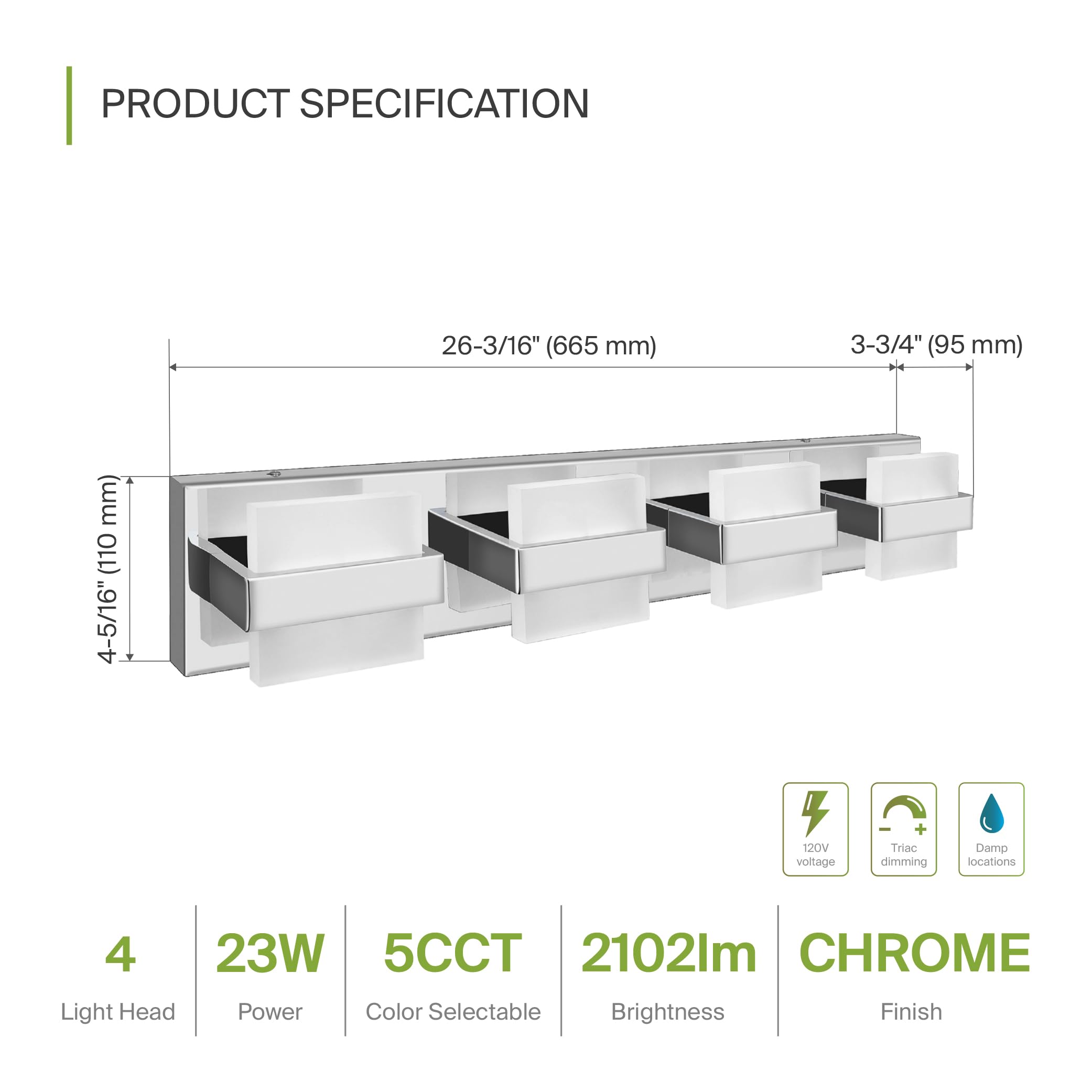 ASD LED Bathroom Vanity Light Fixture, 4-Light, Dimmable, 2700-6000K, Chrome, 2 Pack, Model A-LVF26M-4D23CH
