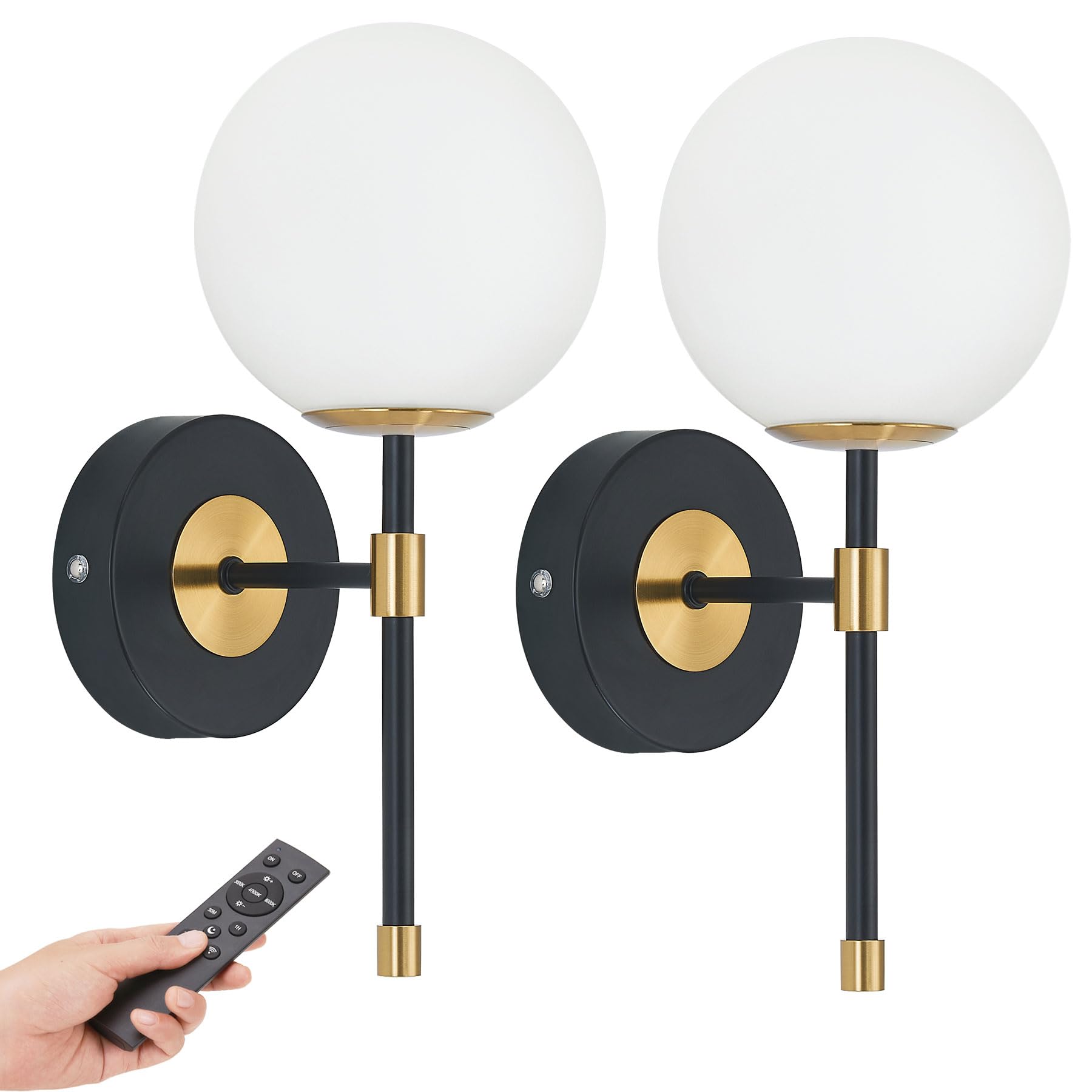 MSTETO Wall Sconces Set of 2, Black & Gold, Battery Operated, Wireless with Remote, Rechargeable, Modern Design, Model MTIW-108BG