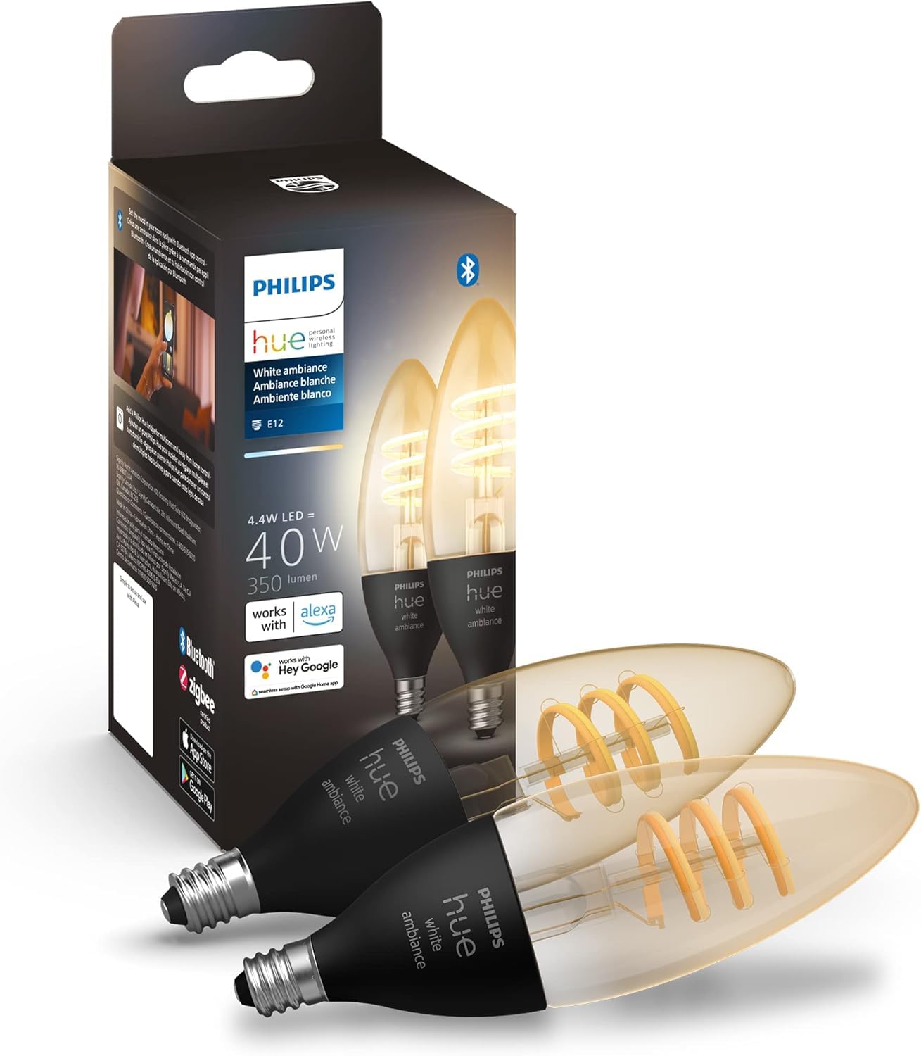 Philips Hue Smart 40W Candle-Shaped Filament Led Bulb - White Ambiance Warm-To-Cool White Light - 2 Pack - 270Lm - E12 - Indoor