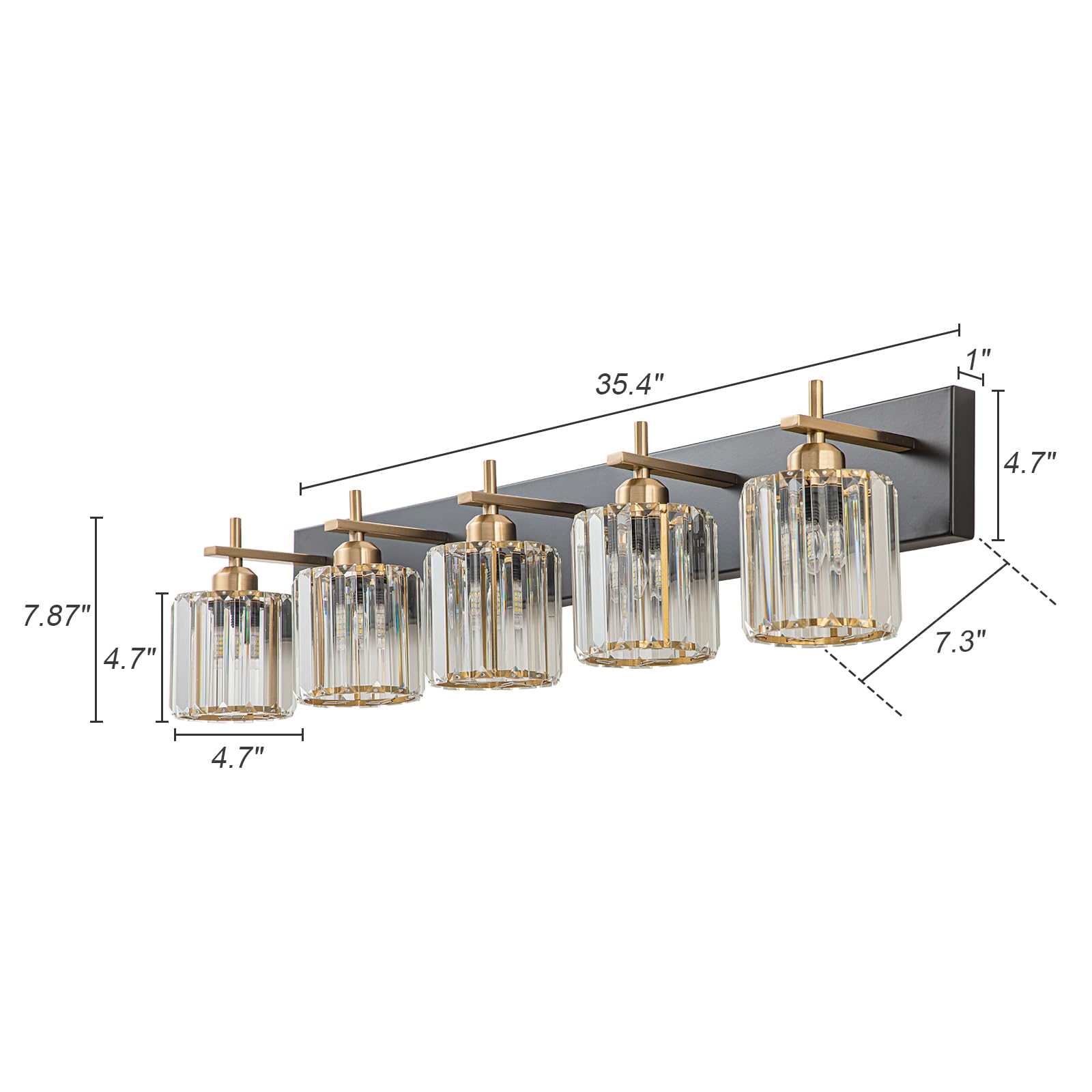 HUOKU Modern Crystal Bathroom Vanity Lights, 5-Light, Metal & Crystal, Black Gold Finish