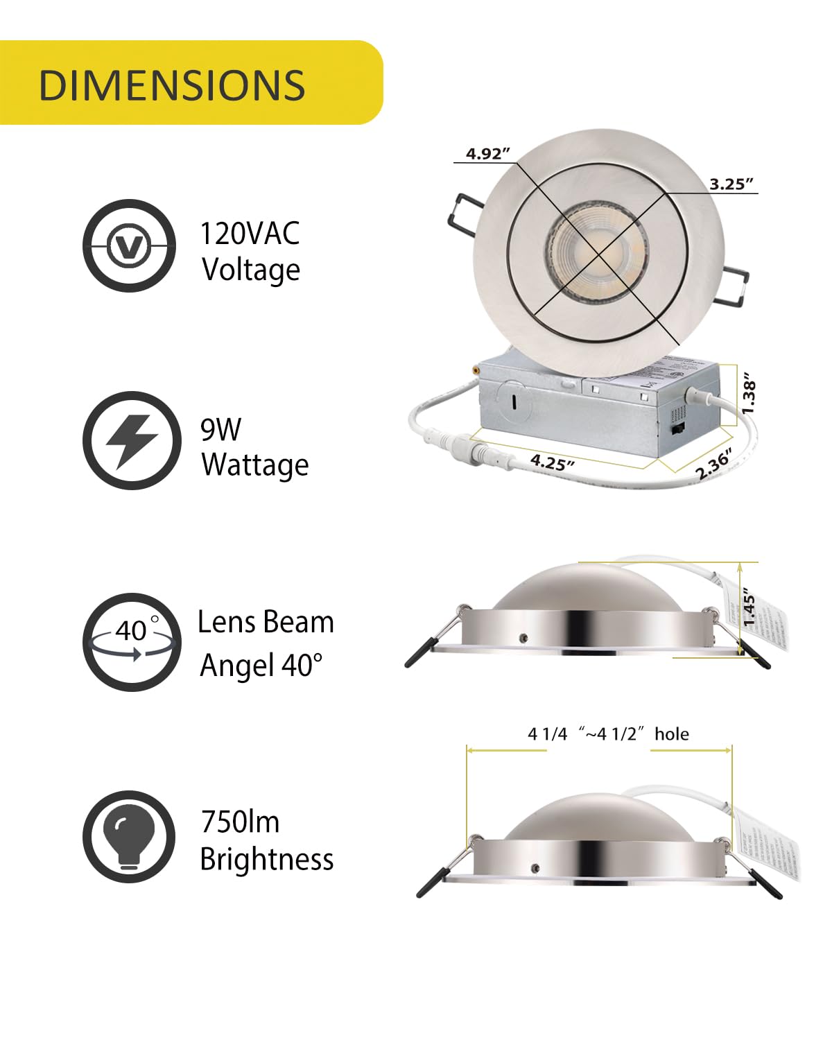 POPANU 4-inch LED Recessed Lighting - 6 Pack Adjustable Spotlight, Brushed Nickel, Dimmable, Model 4SGBN-09