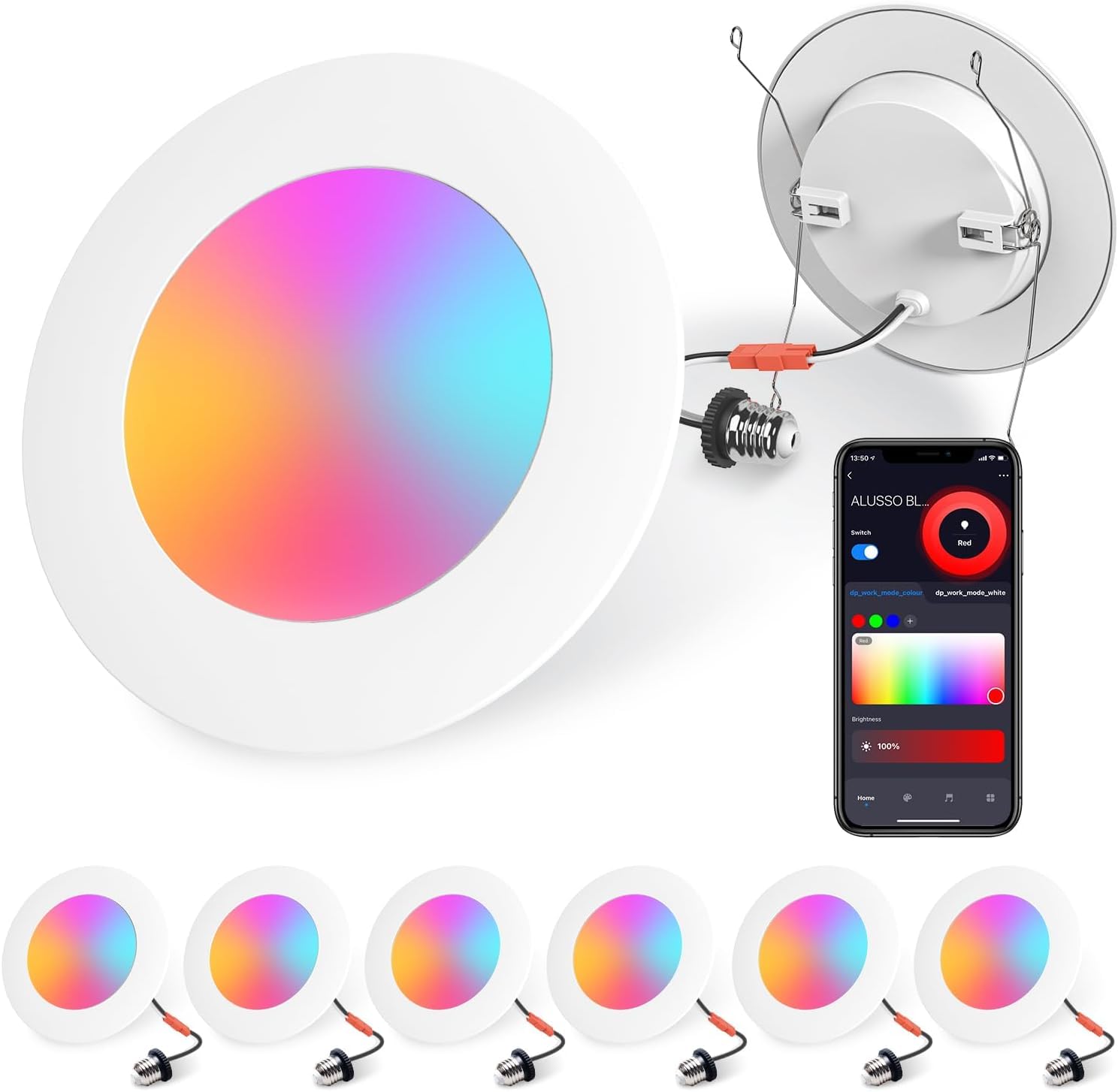 ALUSSO Lighting Smart LED Recessed Lighting 5/6 Inch 6 Pack, 12W 1100LM Dimmable Retrofit Can Lights, RGB Color Changing Bluetoo