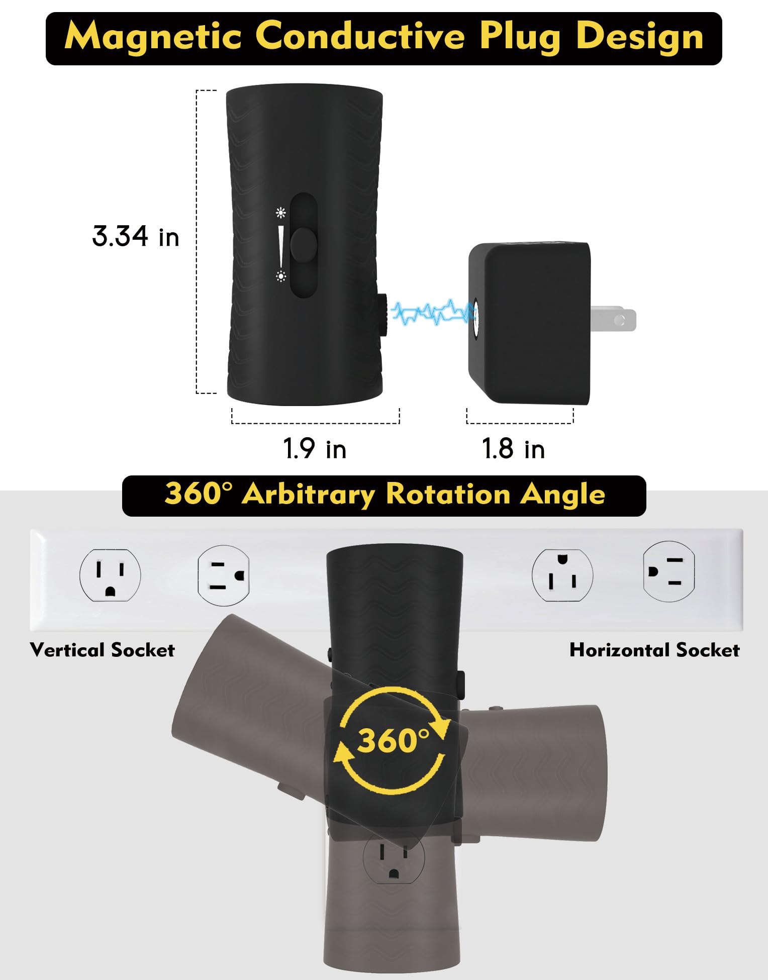 KKUP2U Night Lights, 360° Rotatable Plug-in, Dimmable, 3000K/5000K, Adjustable Brightness, Small, Black, 2 Pack