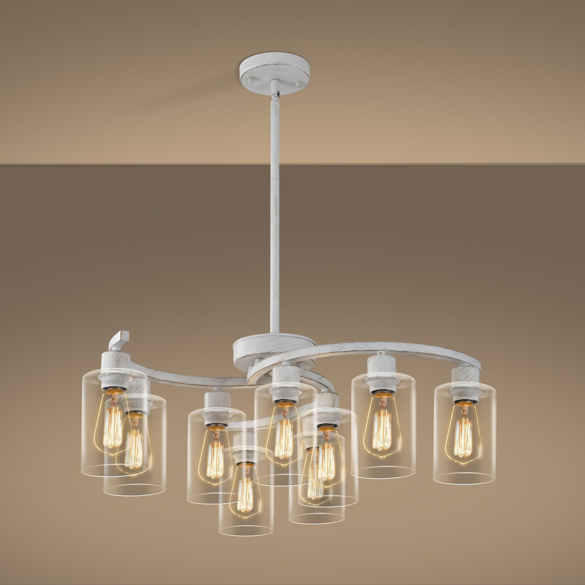 CNRATYE 9-Light Antique White Chandelier with Clear Glass Shade, French Country Chandeliers for Dining Room, Adjustable Height H