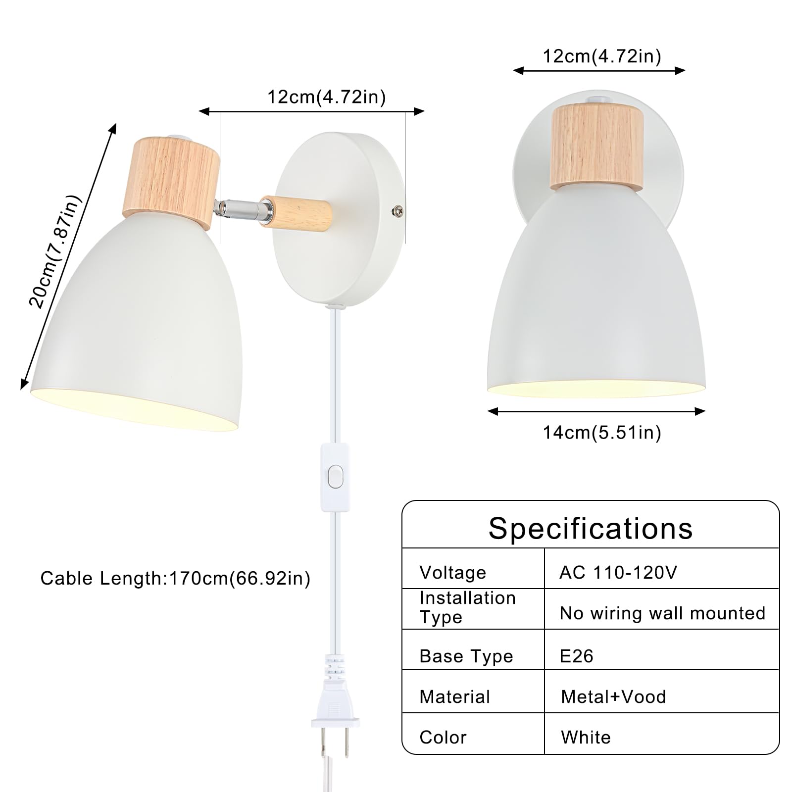 Eyooer Wall Sconces Plug In, Swing Arm Wall Lamp With Power Cord, White Plug In Wall Lighting Fixtures Set Of Two, Bedside Wall Mounted Reading Lamp With Switch, For Bedside Bedroom Hallway