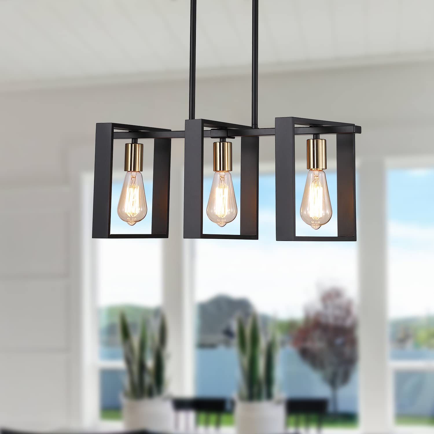 9Mmml Modern 3-Light Kitchen Island Pendant Light, Black & Gold, Adjustable Height Chandelier
