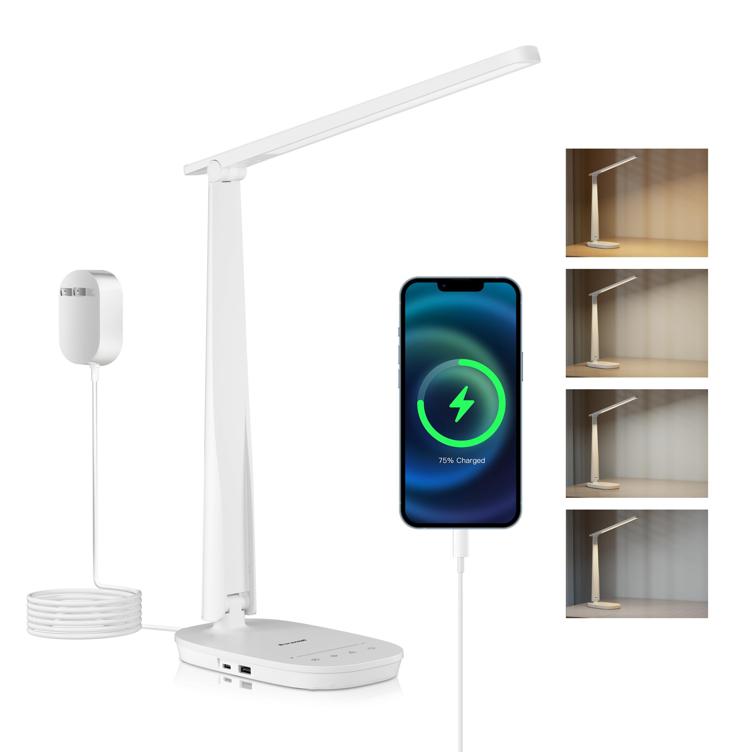 Honeywell SunturaluxLED Desk Lamp Dimmable Desk Light with USB A+C Dual Charging Port Eye-Caring Foldable Table Lamp with 4 Colo