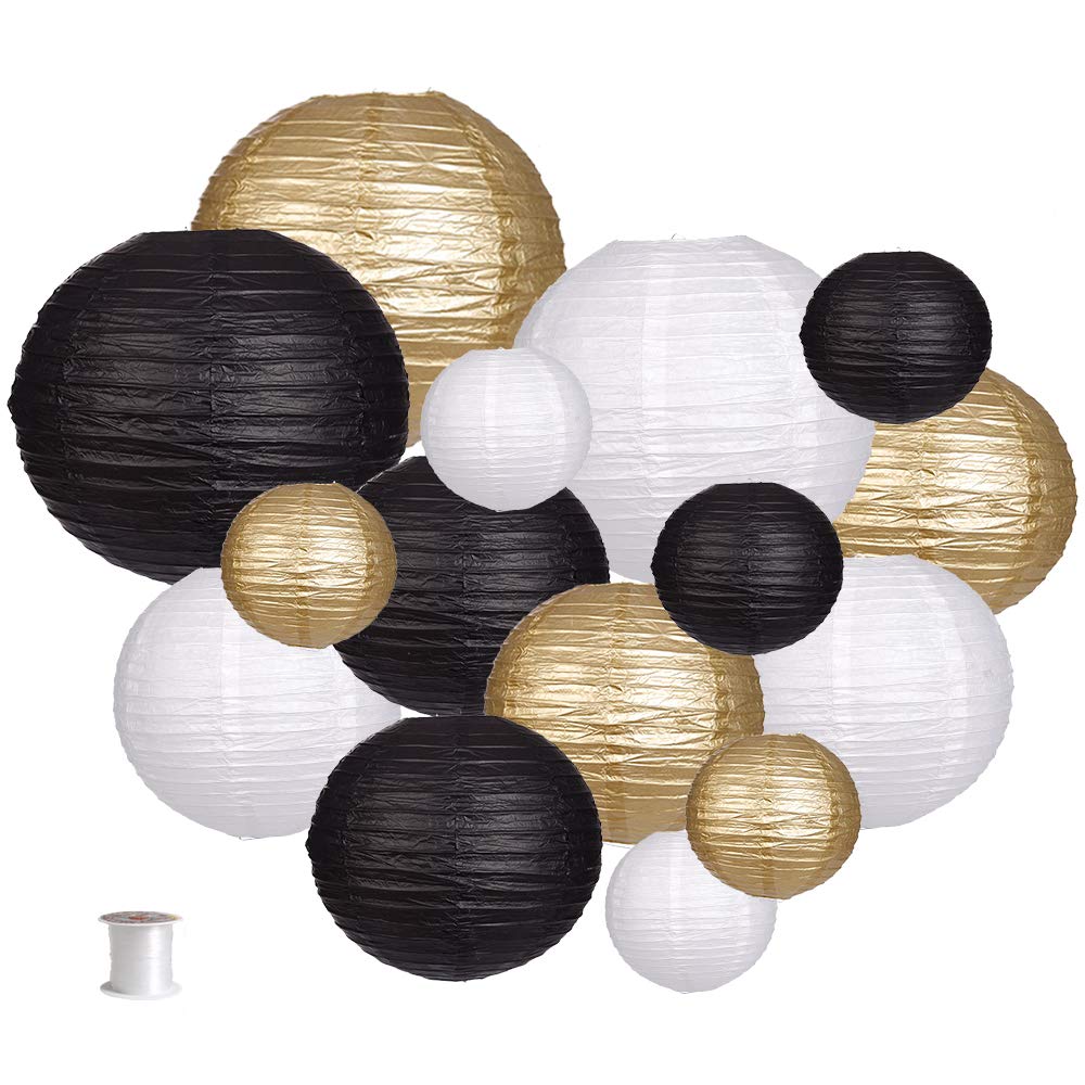 zilue Paper Lanterns 15pcs Decorative Party Supplies Black/Gold for Wedding, Graduation, Anniversary, Birthday - Model PL100306