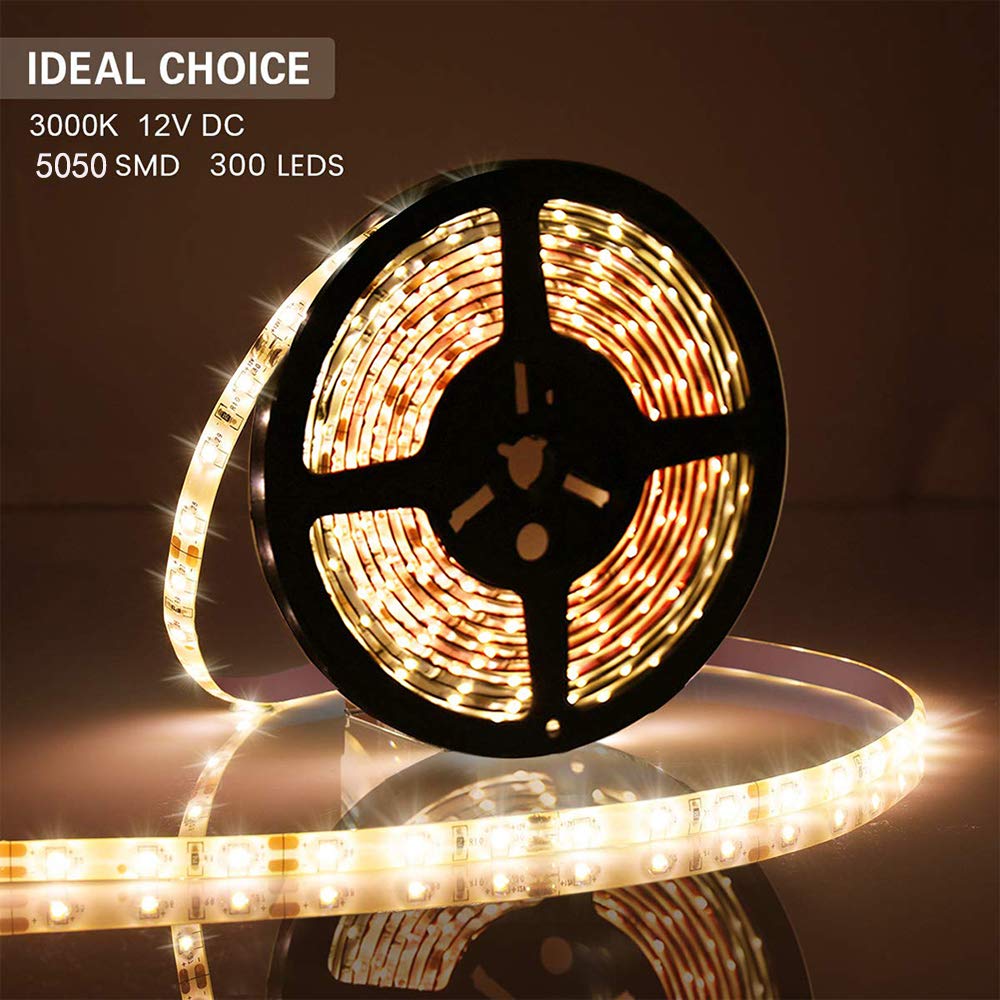 Velain 12V LED Strip Light, 16.4ft Waterproof Flexible Rope Light, 300 LEDs, Warm White, Plastic
