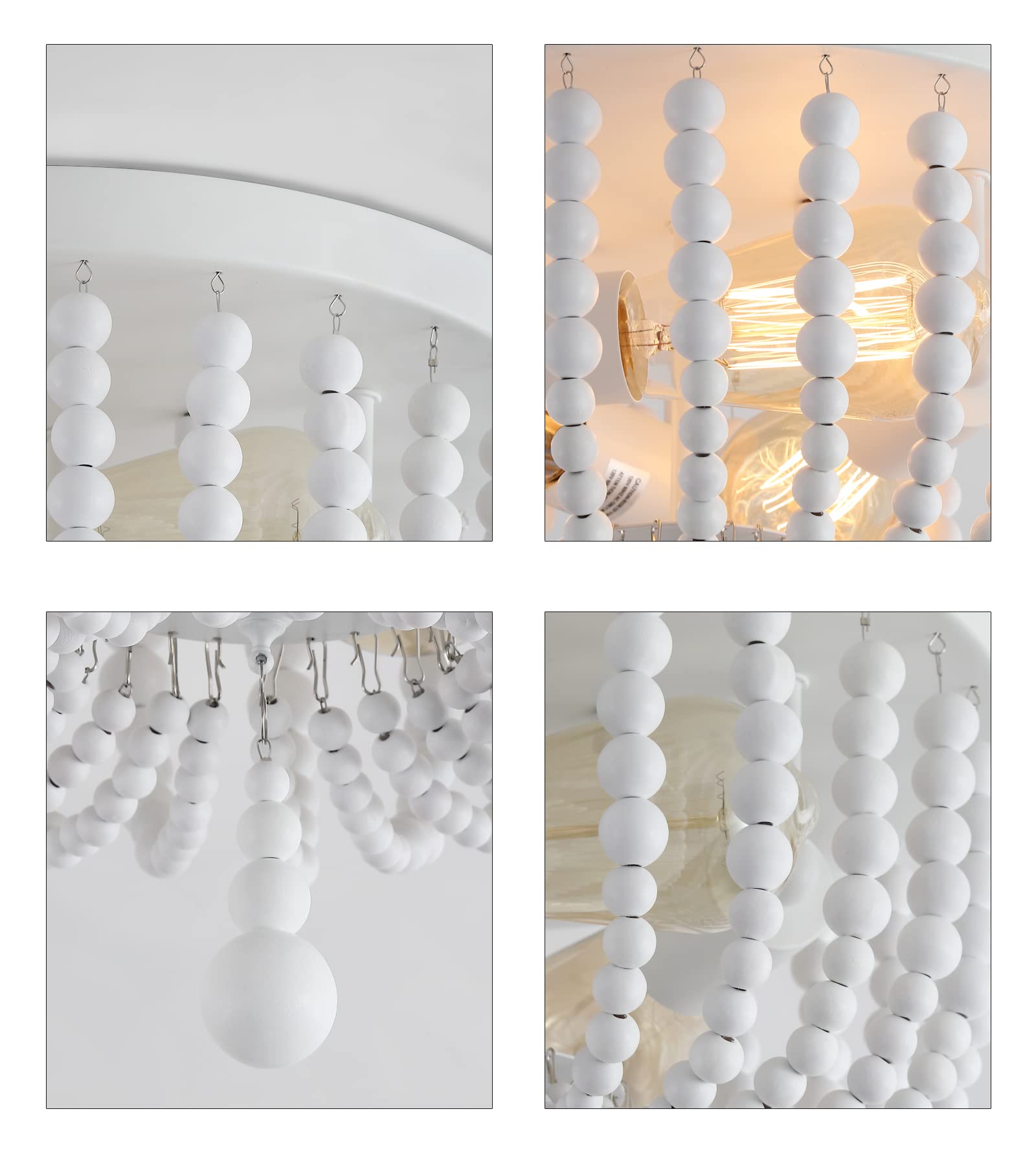 Q&S White Boho Beaded Chandelier Light Fixture, 3-Lights, Metal and Wood Bead, Flush Mount for Bedroom, Kitchen, Dining Room
