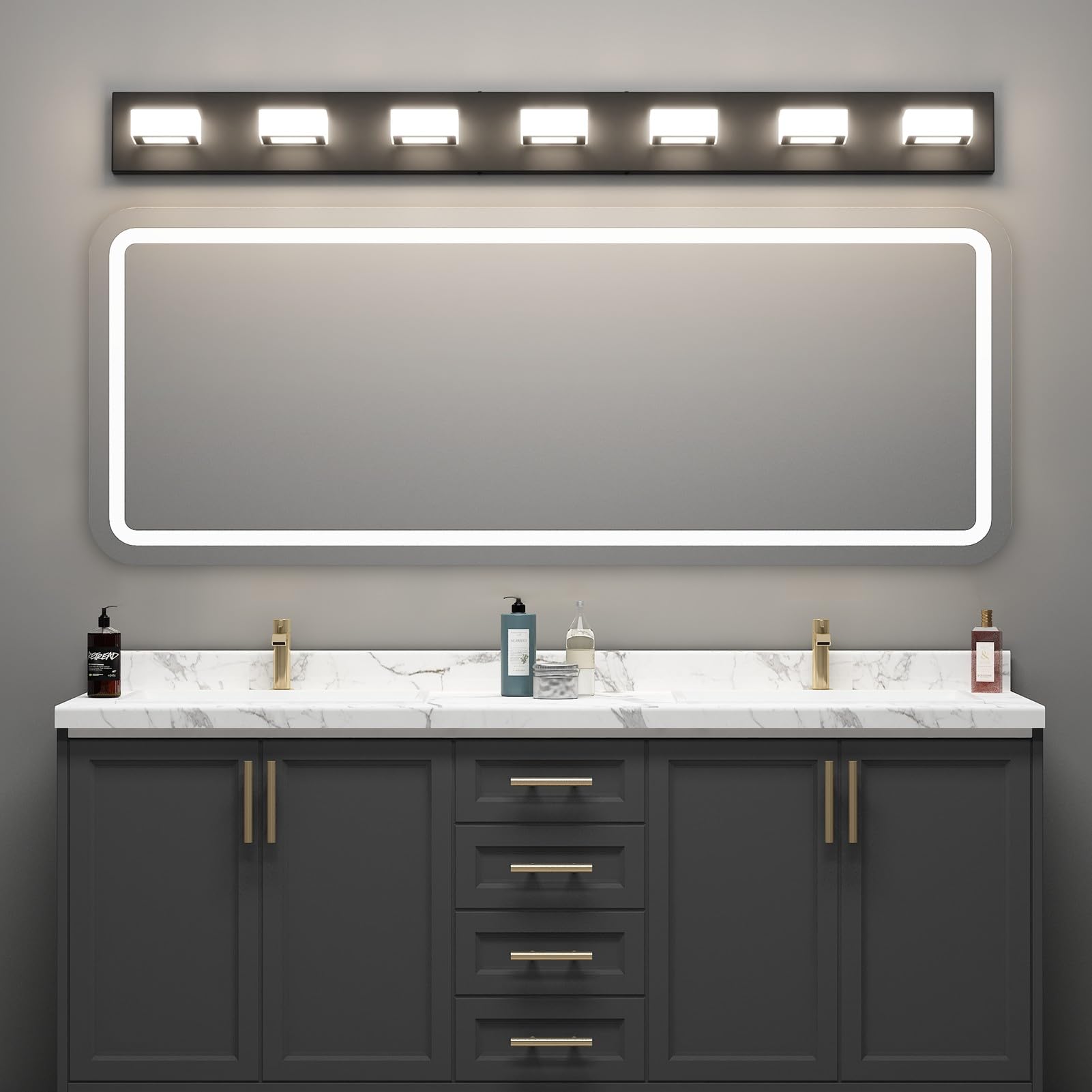 Ralbay 46 Led Vanity Lights, 7 Lights, Matte Black Metal, Natural White Light 4500K, Modern Bathroom Fixture