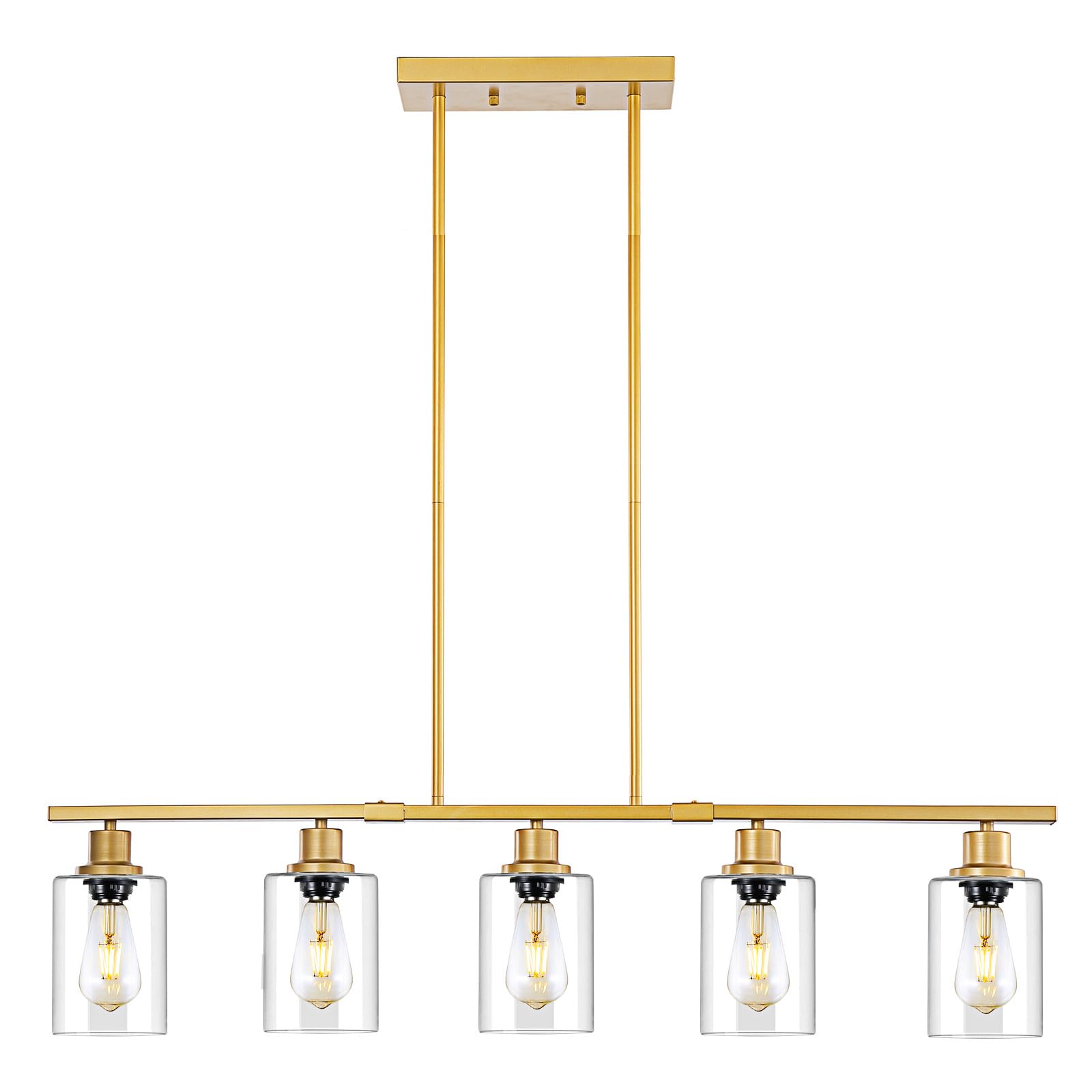 3WWWUEE 39.4 Kitchen Island Lighting, 5 Lights Clear Glass Pendant Light Fixtue, Golden Linear Metal Chandelier for Dining&Livin