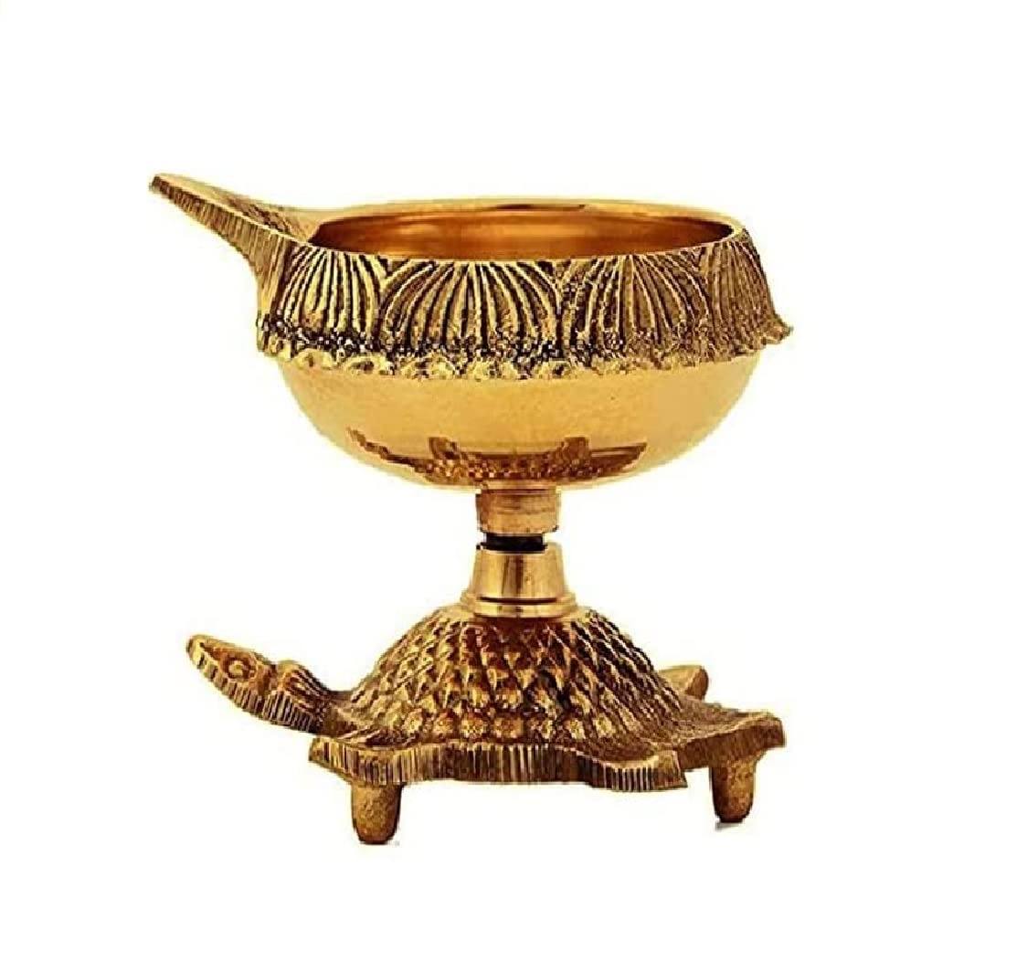 SATVIK 1 Pc Brass Kuber Turtle Diya for Diwali Decoration Handmade Oil Lamp with Golden Engraved Virgin Brass Metal Diwali Diya