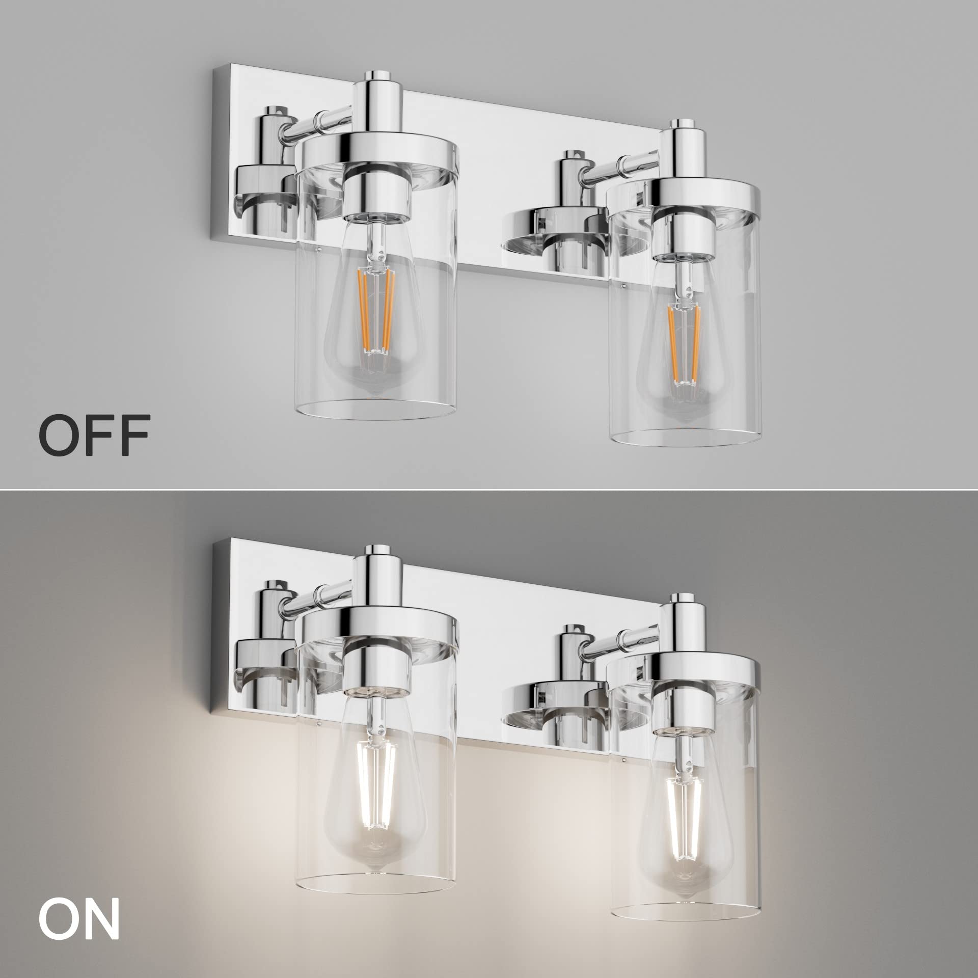 Aipsun Bathroom Vanity Light Fixture, 2-Light, Chrome, Stainless Steel, Model GW-1136, Clear Glass Shade