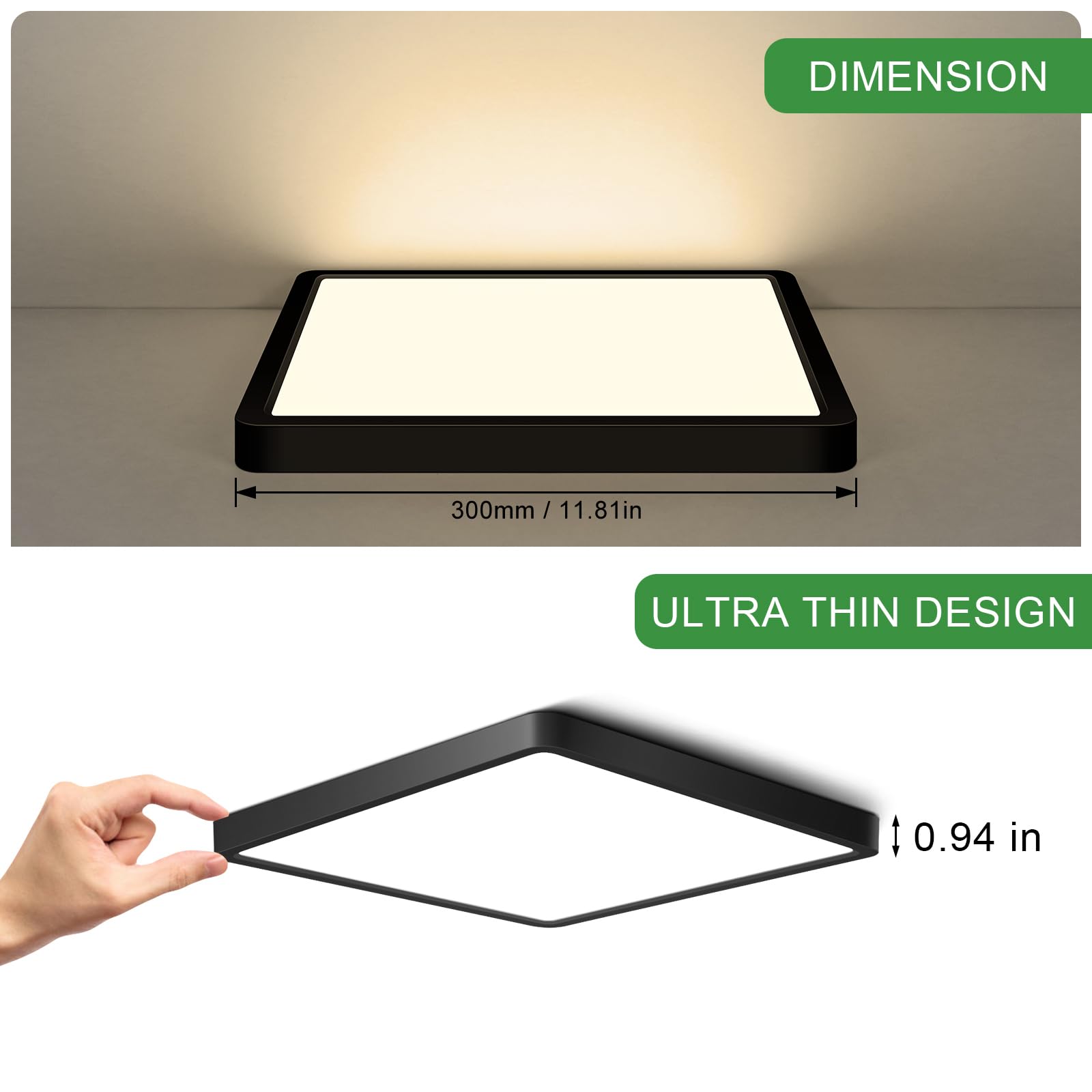 12Inch 24W Square Led Ceiling Light Fixtures Flush Mount  3000K Warm White Led Ceiling Lamp  Surface Mount Modern Ceiling Lights  Slim Flat Panel Lighting For Bedroom  Kitchen  Bathroom Etc.Black