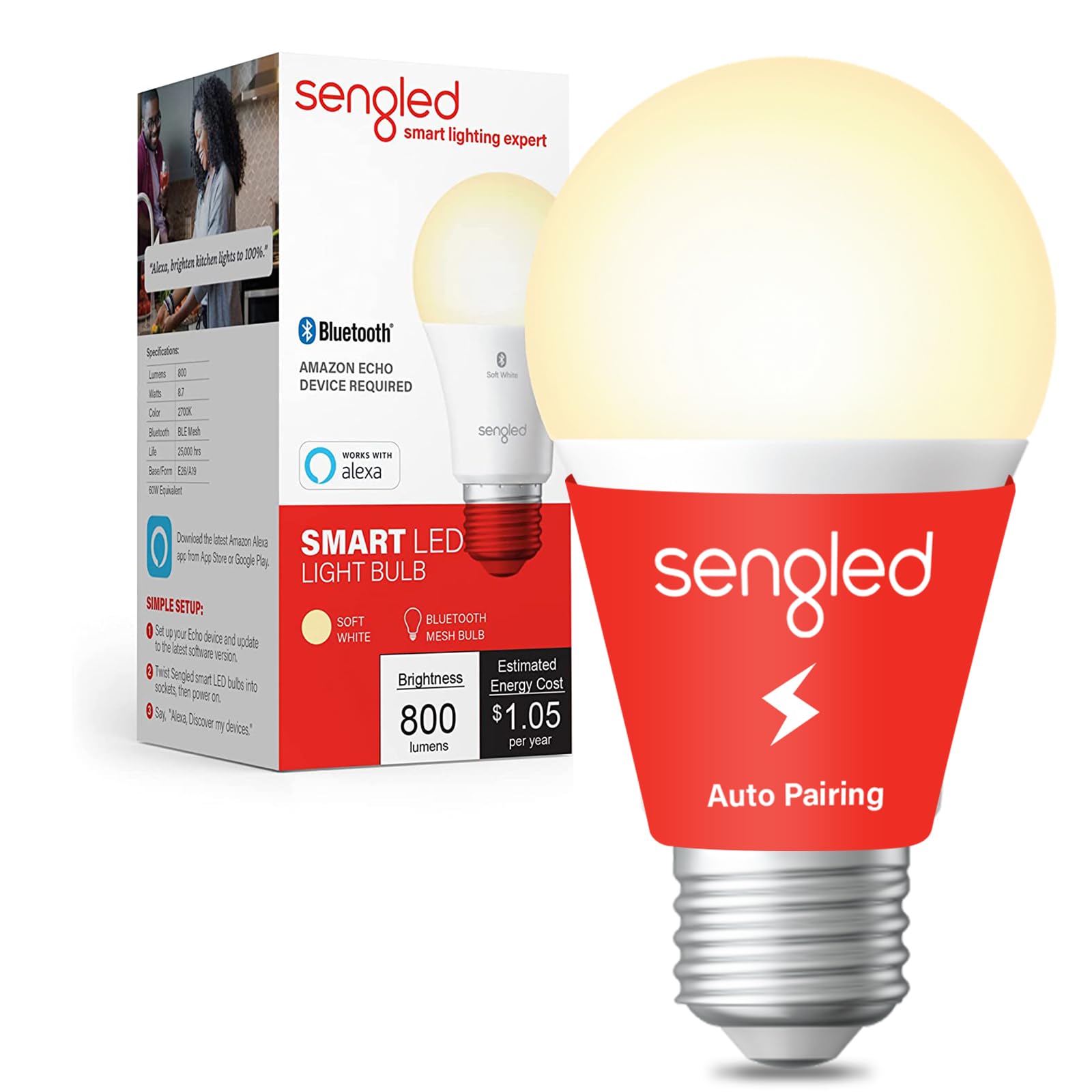 Sengled Alexa Light Bulb, S1 Auto Pairing With Alexa Devices, Warm Smart Light Bulbs, Bluetooth Mesh Smart Home Lighting, E26 60