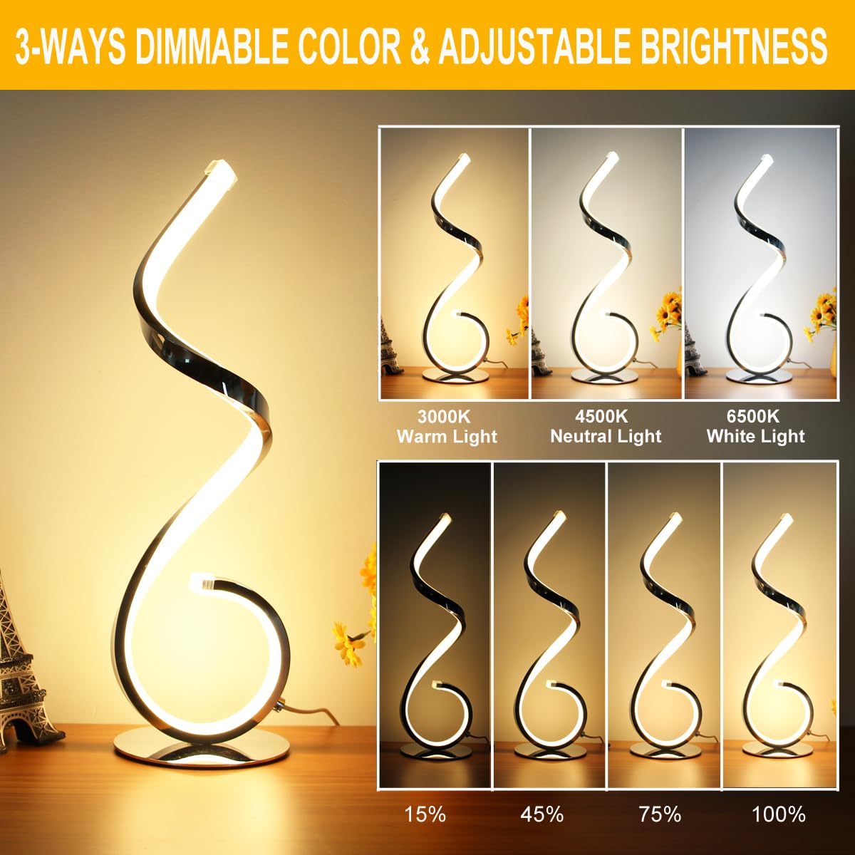 Besketie Modern Spiral Led Table Lamp, Stepless Dimmable Bedside Table Lamps For Bedroom, 10W Led Desk Lamp 3 Color Modes Desk L