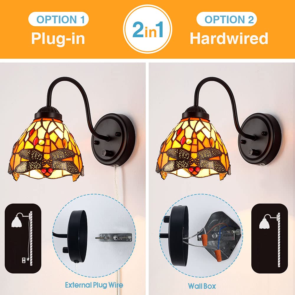 Dengmall Tiffany Dragonfly Wall Sconce Lamp, Dimmable Gooseneck Light For Bedroom & Living Room