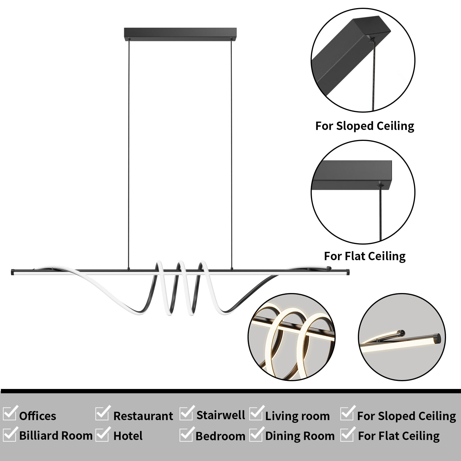 Zihoi Modern LED Pendant Light, Dimmable Chandelier with Remote, 57in Black Aluminum Fixture for Kitchen & Dining Room