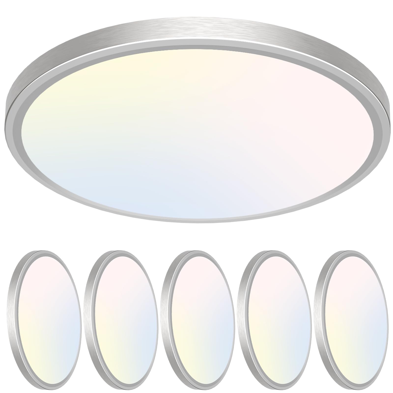 Libtit 7 Inch Nickel Brushed Flush Mount Ceiling Light, 15W, 6 Pack, 3000K/4000K/6500K Color Selectable, Ultra-Thin Round Ceilin