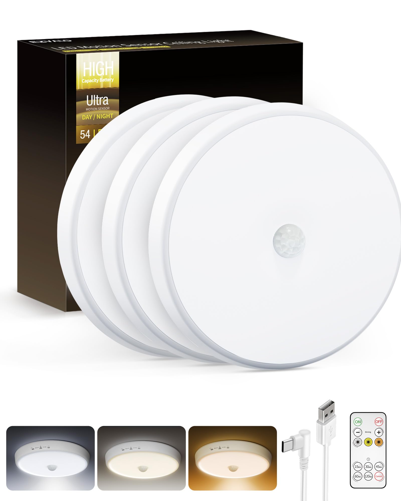 EZVALO Motion Sensor Light Indoor, 3-Pack, 10000mAh, 400LM, LED, Dimmable, Remote Control, Flush Mount, 3 Color Modes
