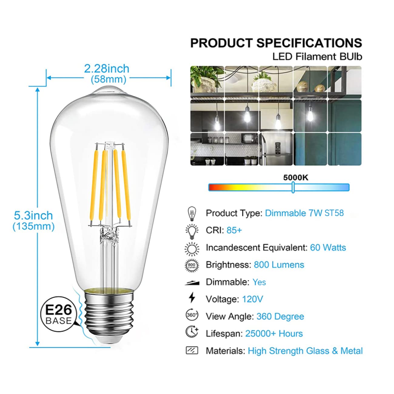 Jensense Edison LED Bulbs E26 7W 60W Equivalent Dimmable 5000K Daylight White Glass 4 Pack