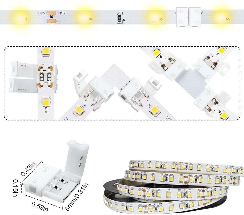 Lightingwill 2 Pin Led Strip Light Connector Kit, 8Mm Solderless Adapter Connectors, Led Strip Accessories Set For 8Mm Wide 3528