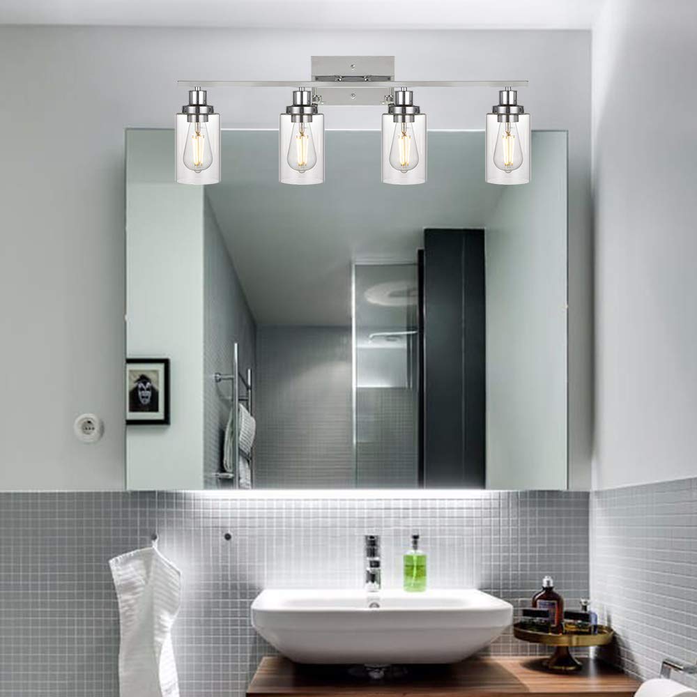 MELUCEE 4-Light Bathroom Lighting Fixtures with Clear Glass Shade Chrome Finish, Modern Vanity Light Wall Mount Lamp for Bedroom