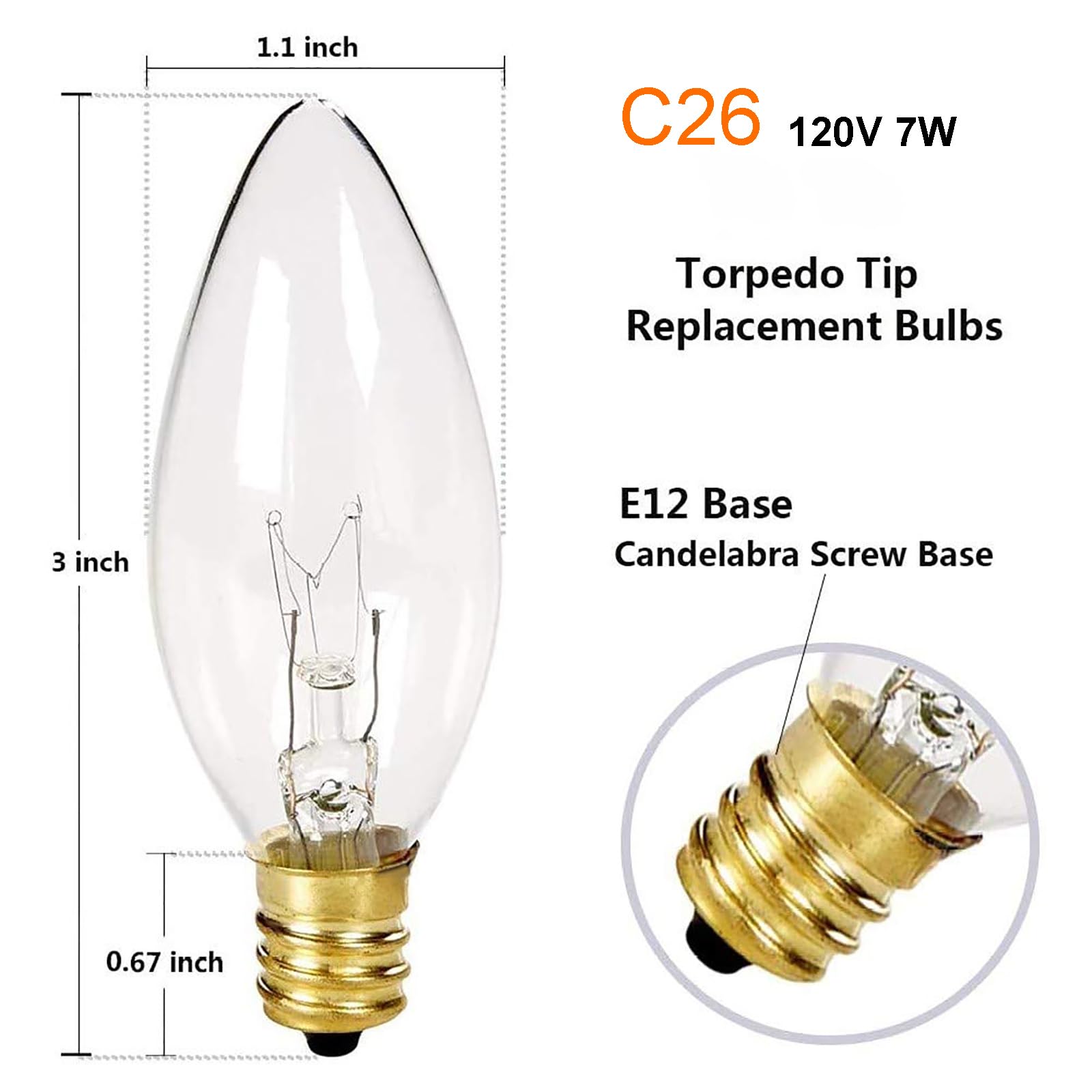 Jasneniebo C26 25PK Clear Incandescent Candle Light Bulbs, 120V 7W E12 Base, Perfect for Chandelier and Window Decor