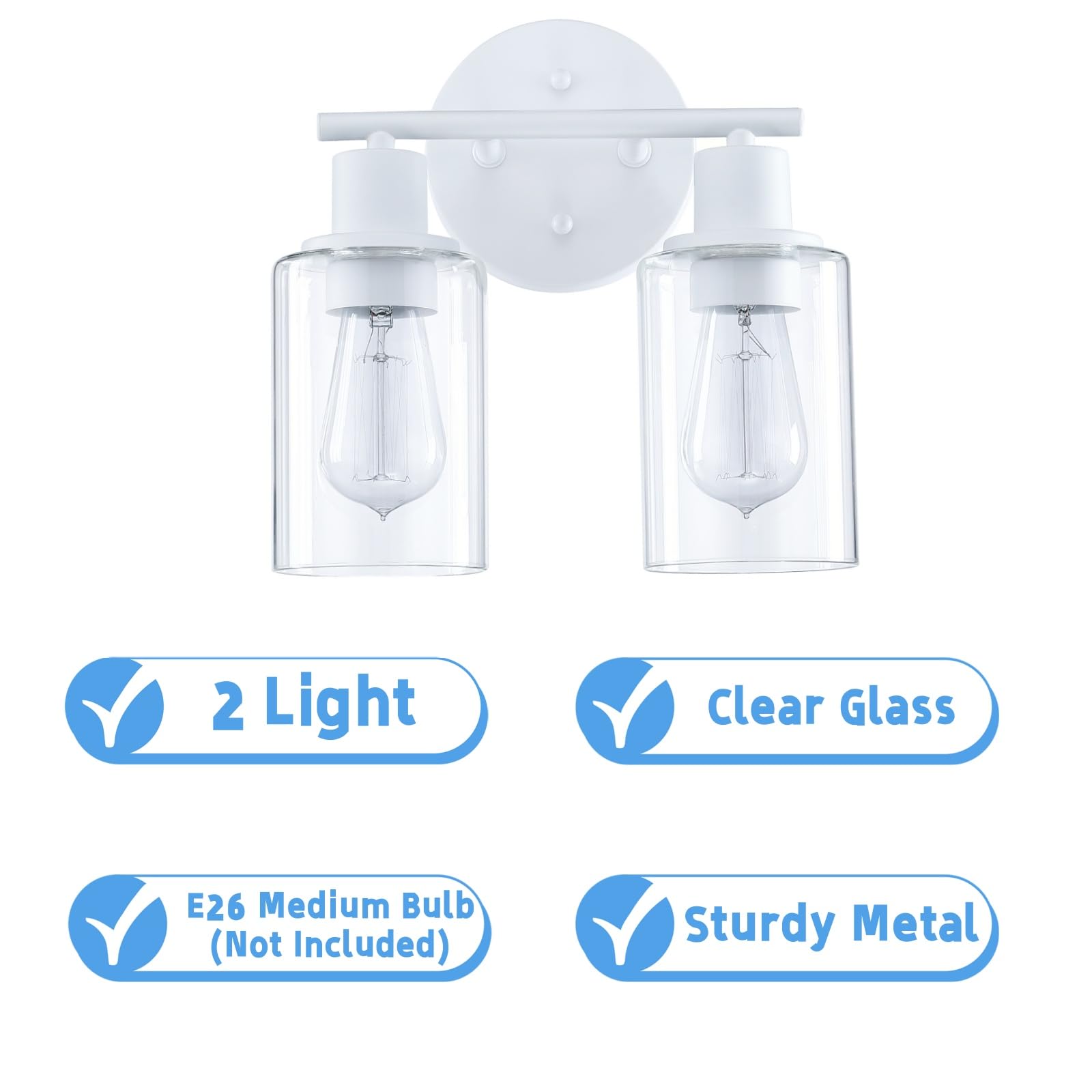 WISBEAM 2-Light Bathroom Vanity Light Fixture, Glass Shade, E26 Base, Model WS-VNT003, White