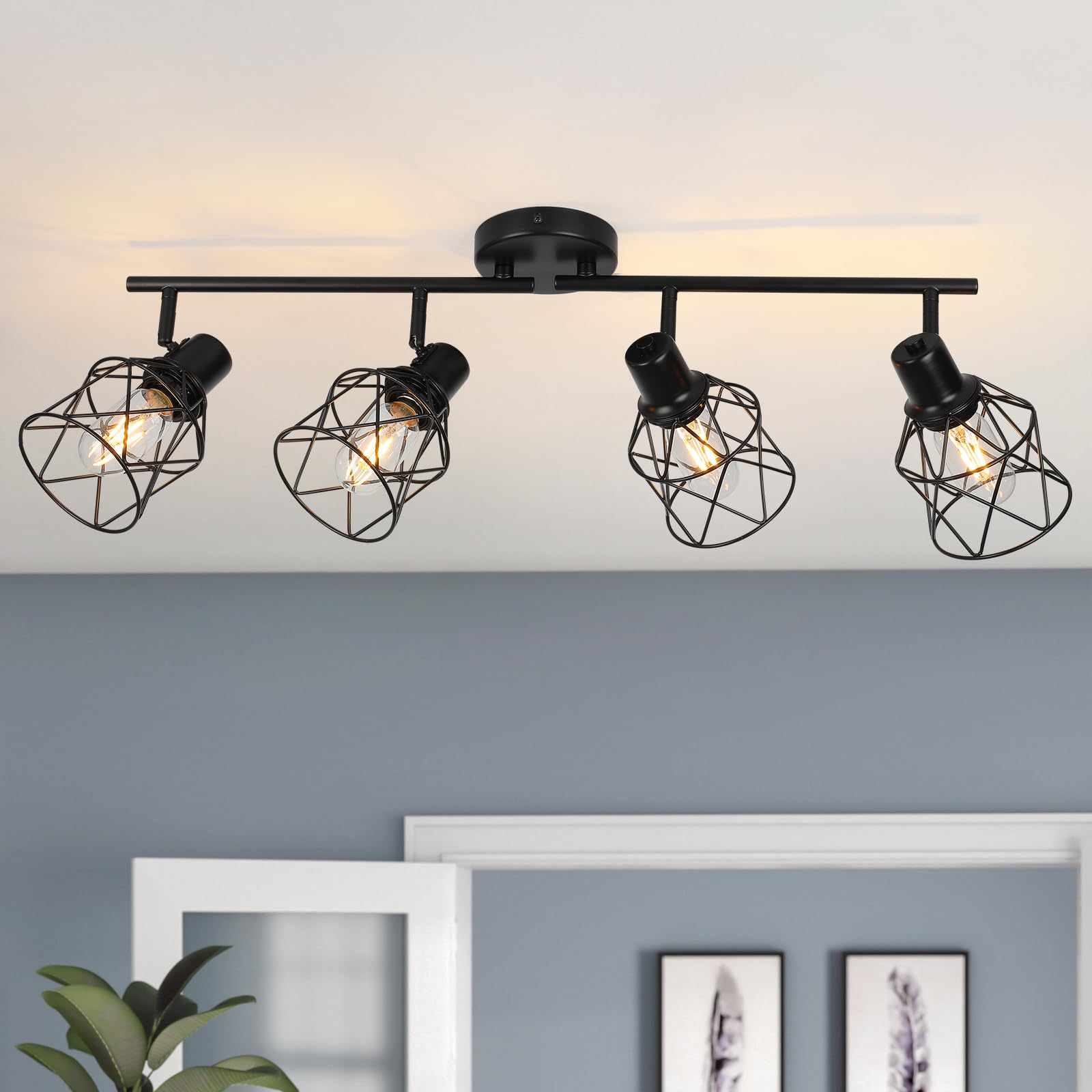 Wilon Track Lighting Fixtures Ceiling 4-Light Flush Mount Ceiling Spot Lights, Industrial Track Light Black Kitchen Light Fixtures Rotatable Spotlight For Kitchen Hallway Living Room (E26 Base)