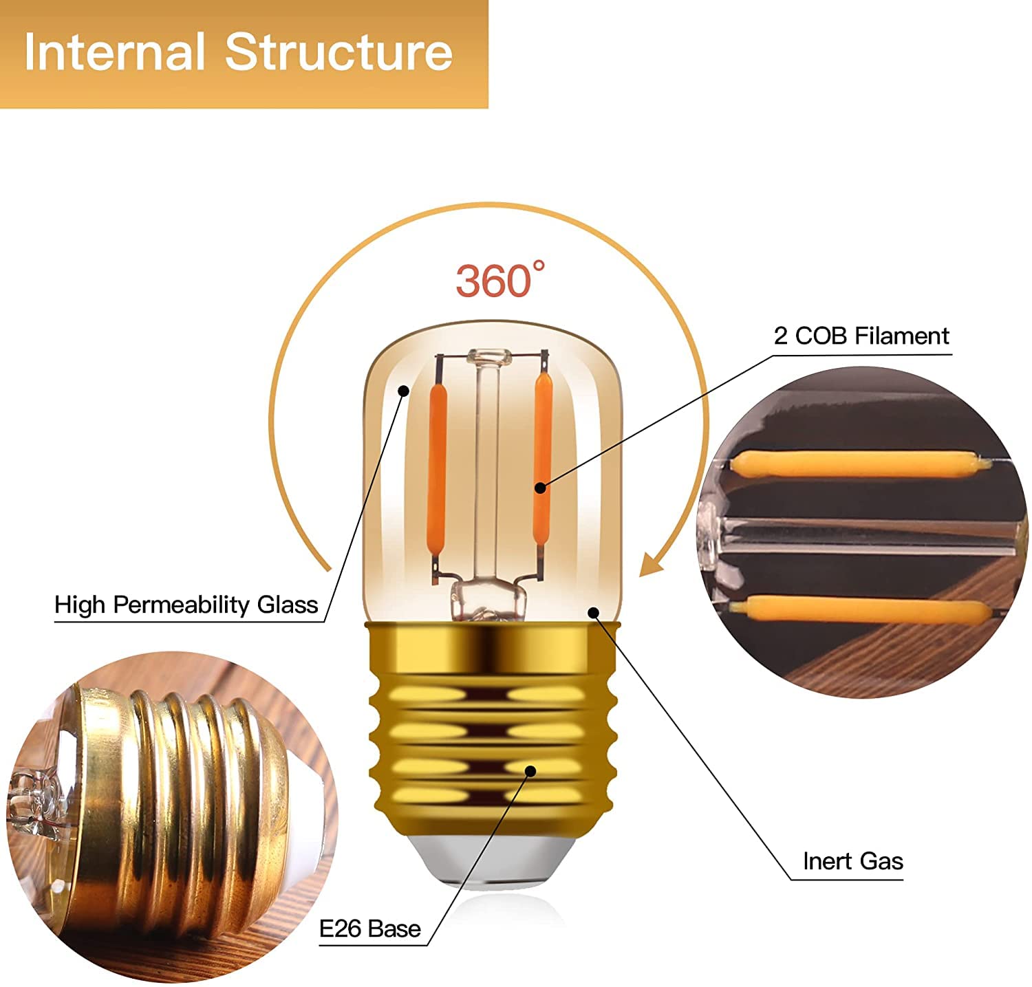 Hcnew 1W LED Edison Night Light Bulbs, T28 Amber, 6 Pack, E26 Medium Base, Glass, Warm White, 10W Incandescent Equivalent
