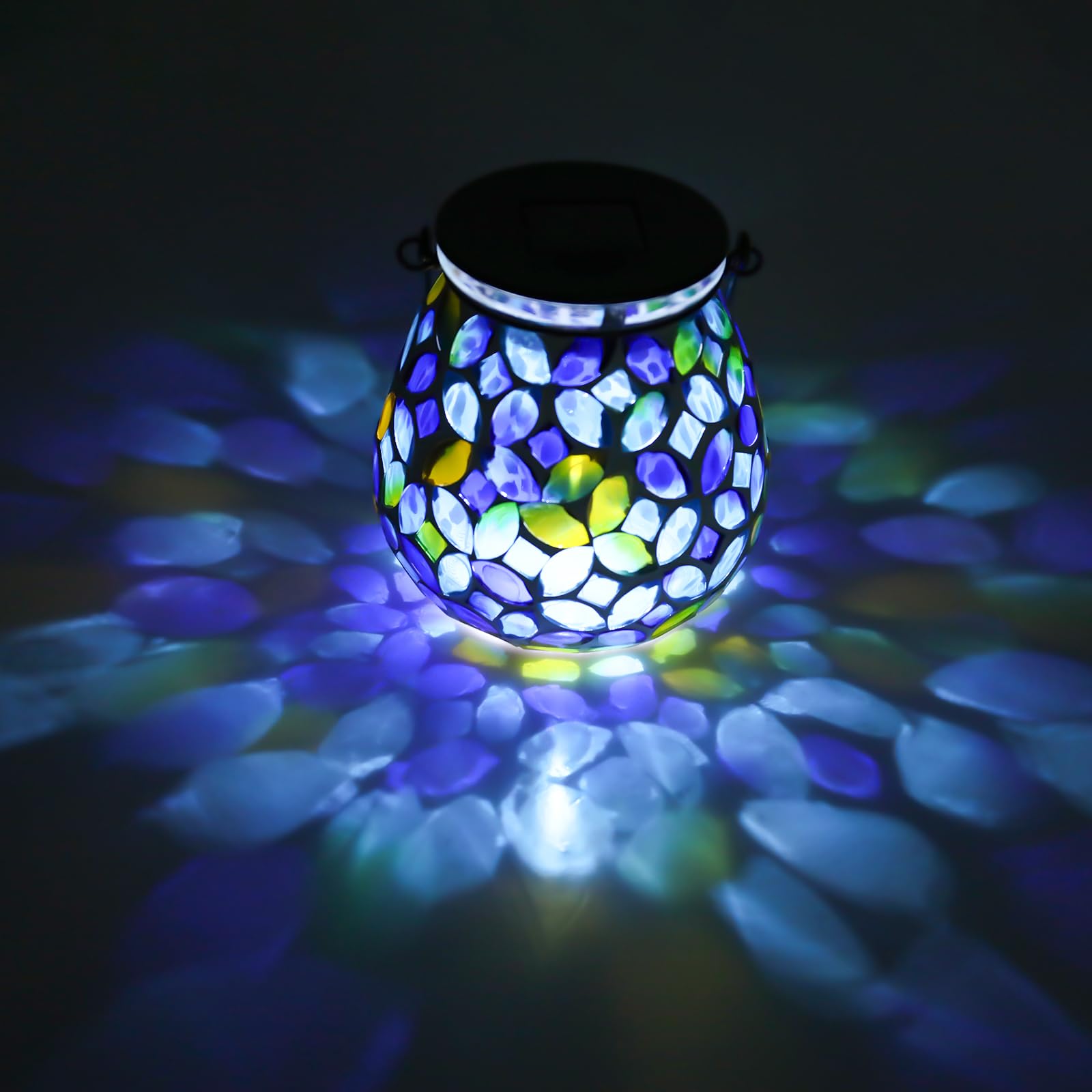 Afirst Mosaic Solar Lantern - Glass Hanging Light, Waterproof Table Lamp for Garden & Patio, Model 5033540B, Decorative Coins Color