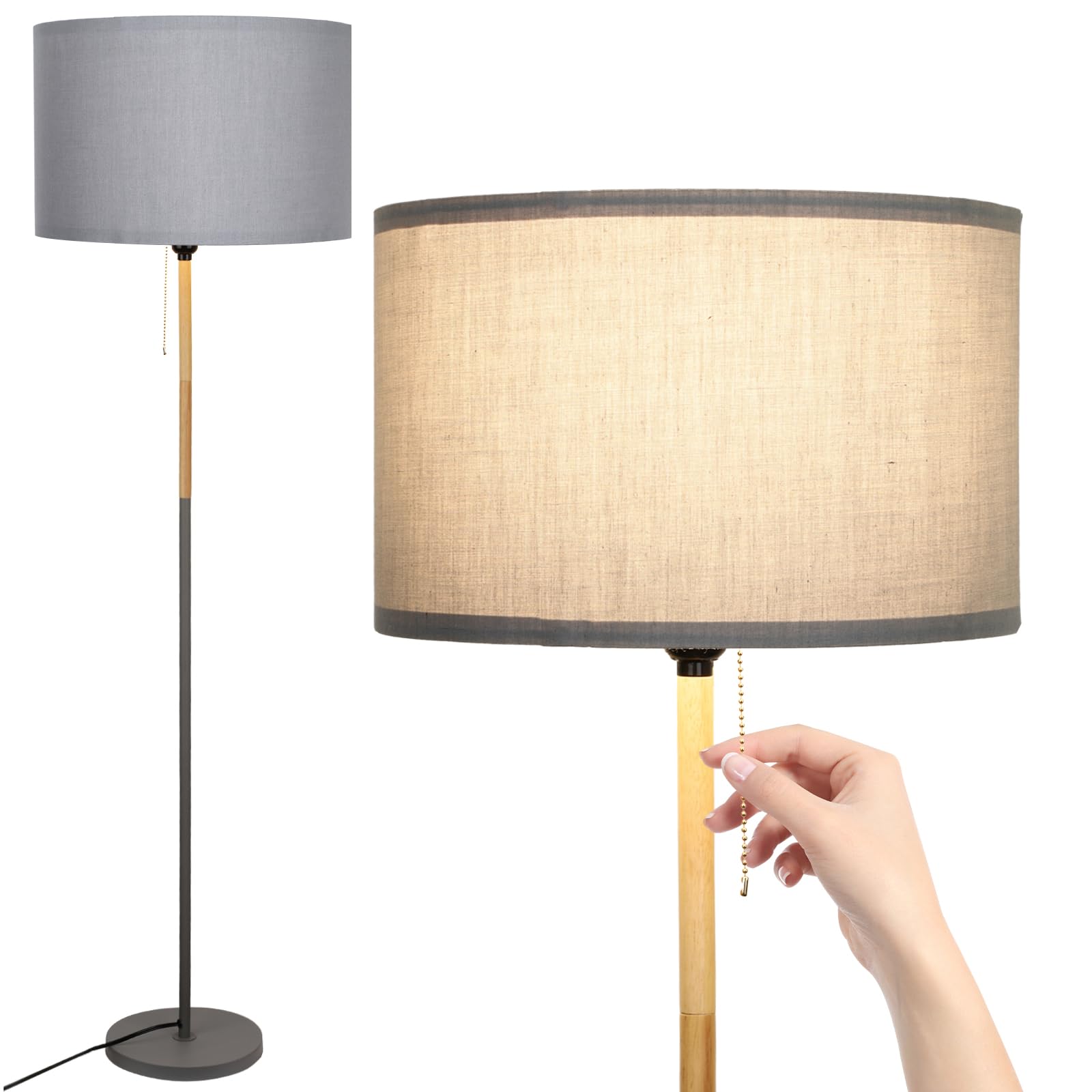 LALISU Modern Floor Lamp - Gray Metal with Linen Shade, Mid-Century Design for Living Room, Bedroom, and Office